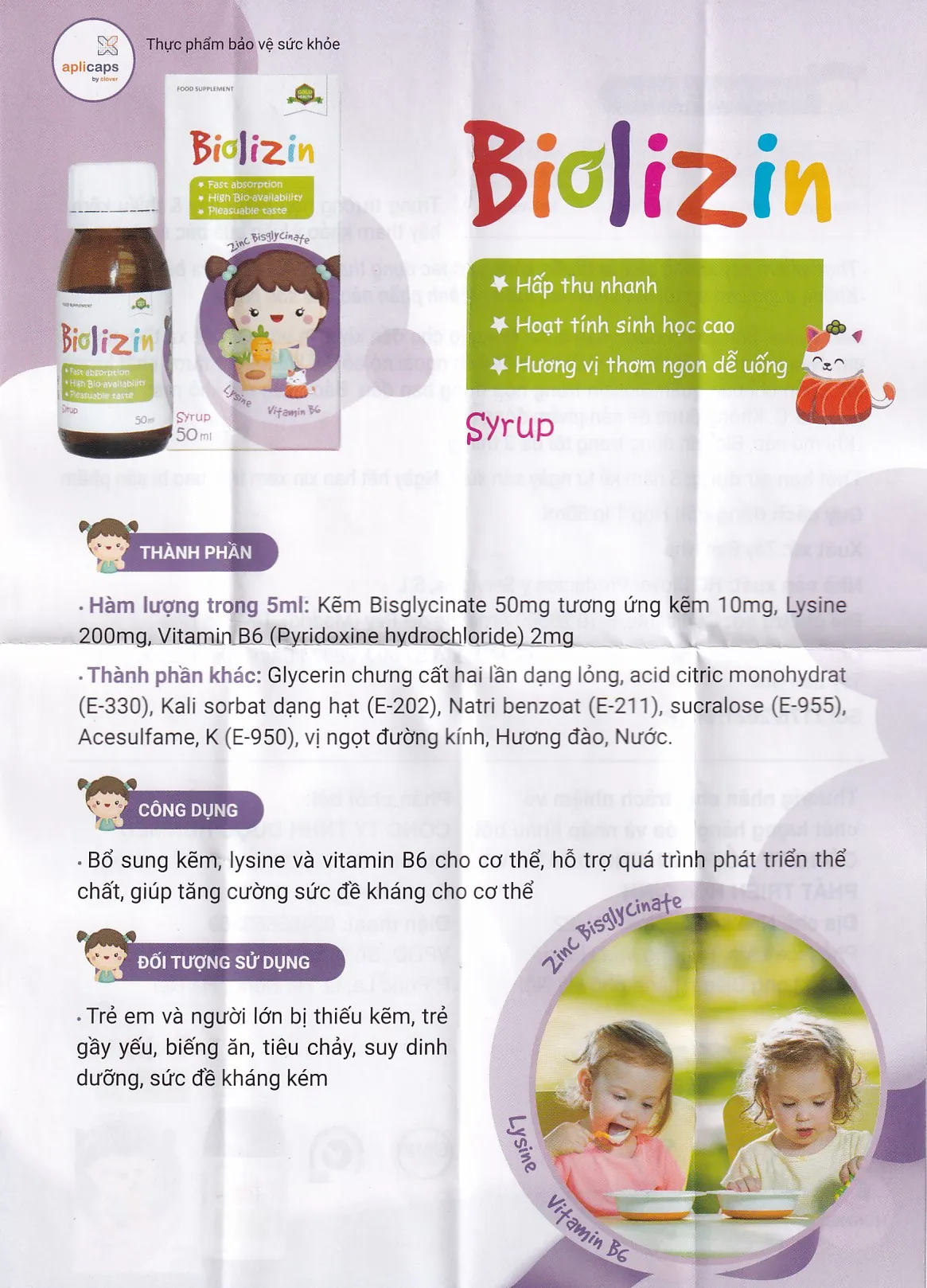 SIRO BỔ SUNG KẼM, LYSINE VÀ VITAMIN B6 CHO TRẺ BIOLIZIN 50ML 16