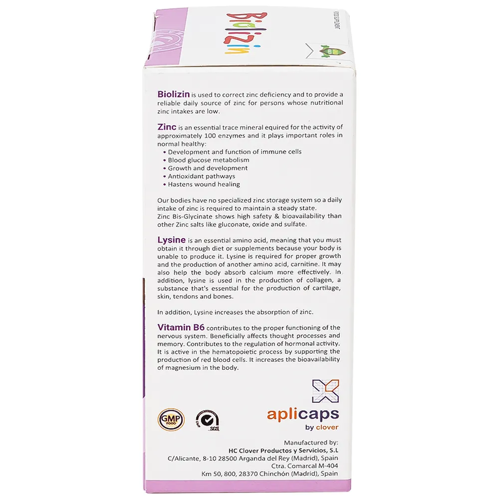 SIRO BỔ SUNG KẼM, LYSINE VÀ VITAMIN B6 CHO TRẺ BIOLIZIN 50ML 9