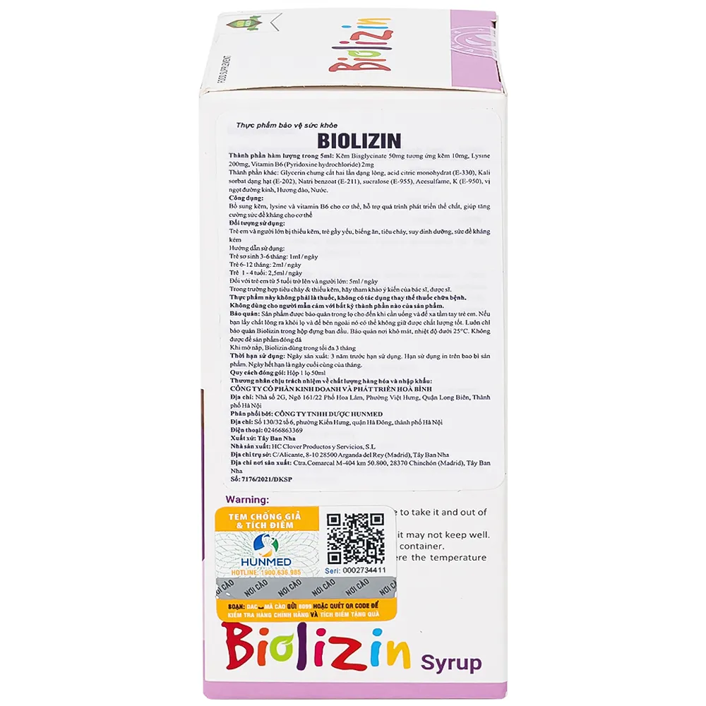 SIRO BỔ SUNG KẼM, LYSINE VÀ VITAMIN B6 CHO TRẺ BIOLIZIN 50ML 10