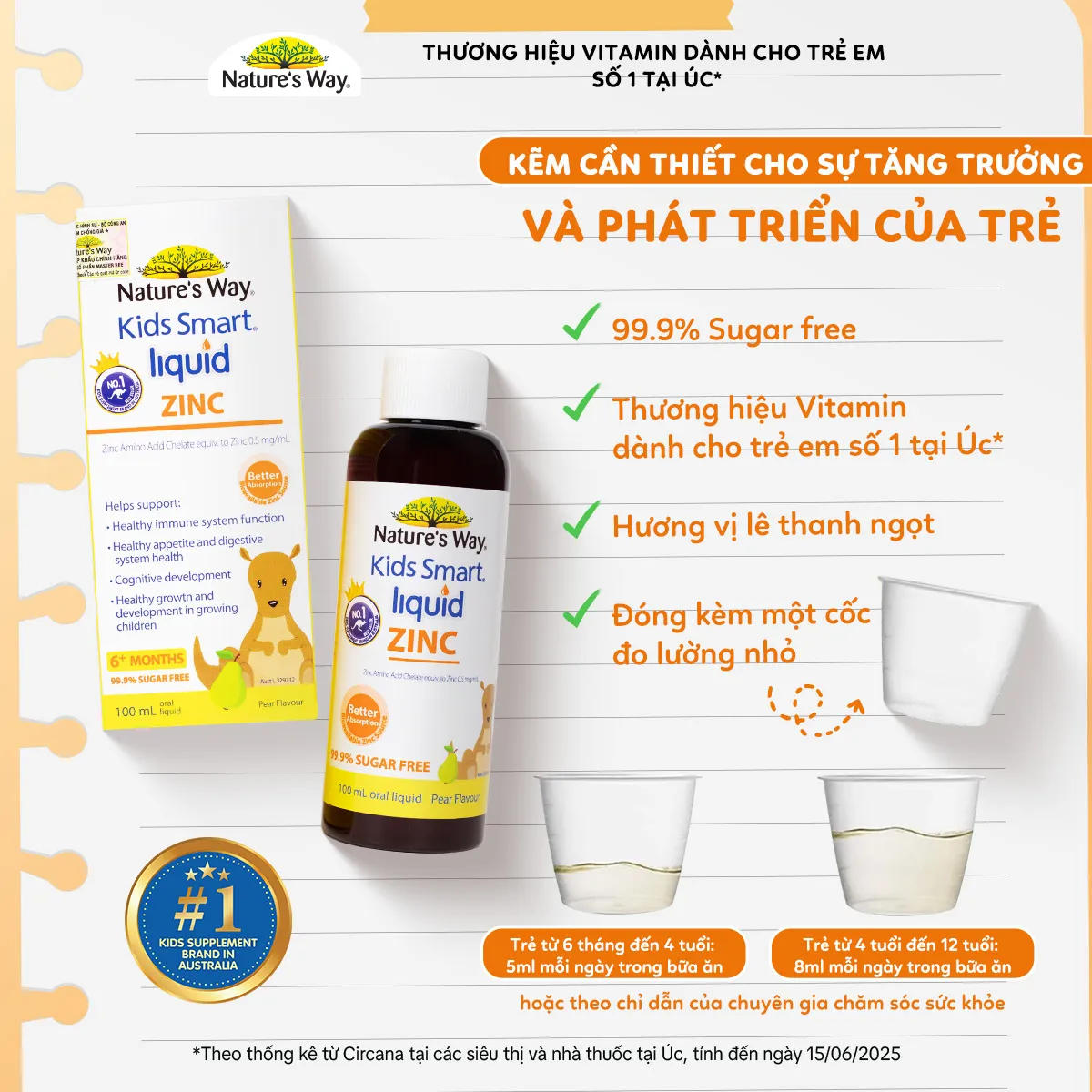 SIRO BỔ SUNG KẼM VÀ HỖ TRỢ CẢM GIÁC THÈM ĂN CHO BÉ NATURE'S WAY KIDS SMART LIQUID ZINC 100ML 5