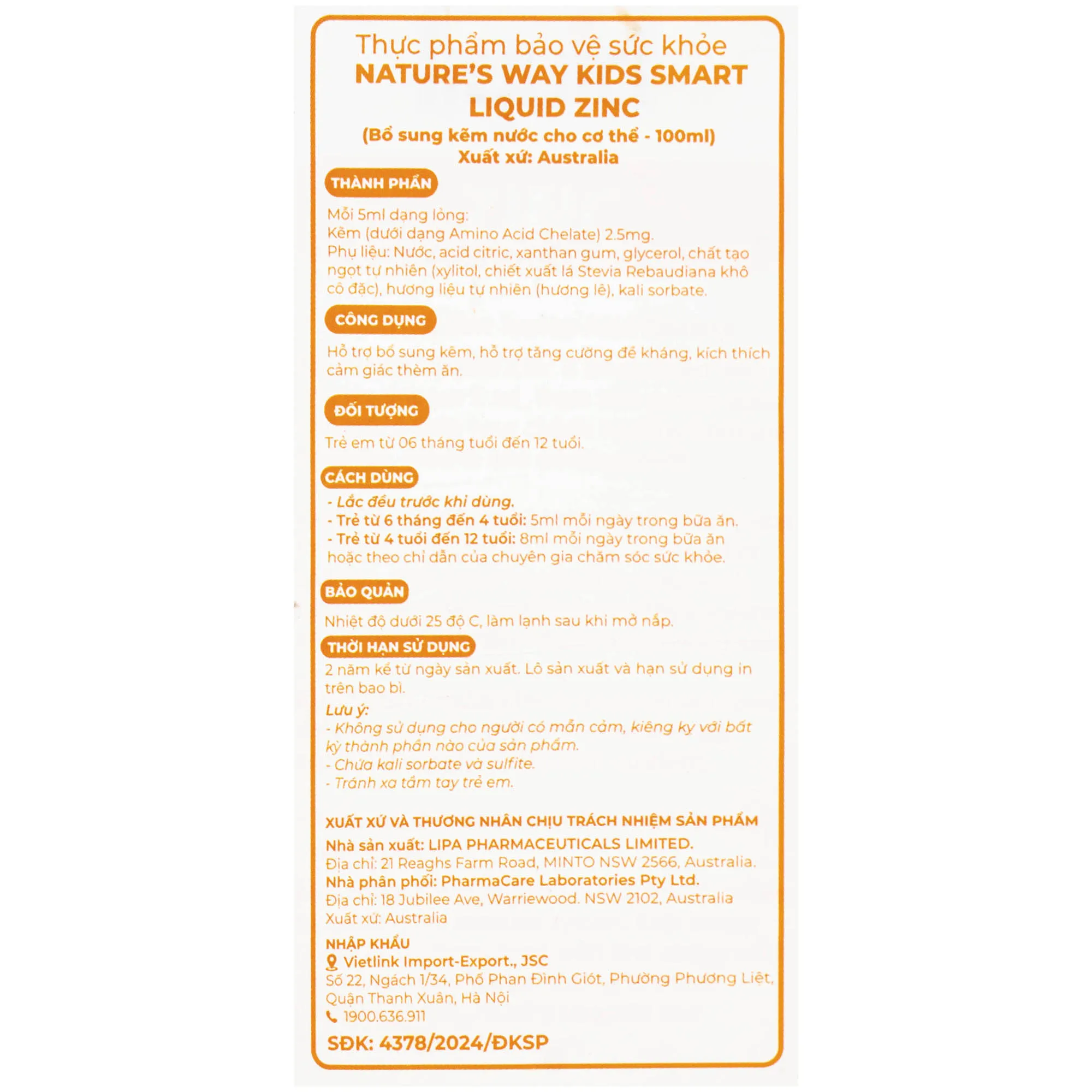 SIRO BỔ SUNG KẼM VÀ HỖ TRỢ CẢM GIÁC THÈM ĂN CHO BÉ NATURE'S WAY KIDS SMART LIQUID ZINC 100ML 7