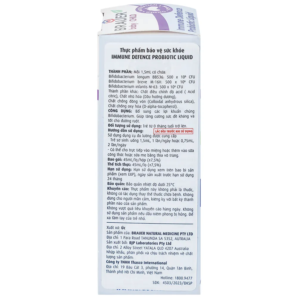 SIRO BỔ SUNG LỢI KHUẨN CHO BÉ BRAUER BABY & CHILD IMMUNE DEFENCE PROBIOTIC LIQUID 45ML 12
