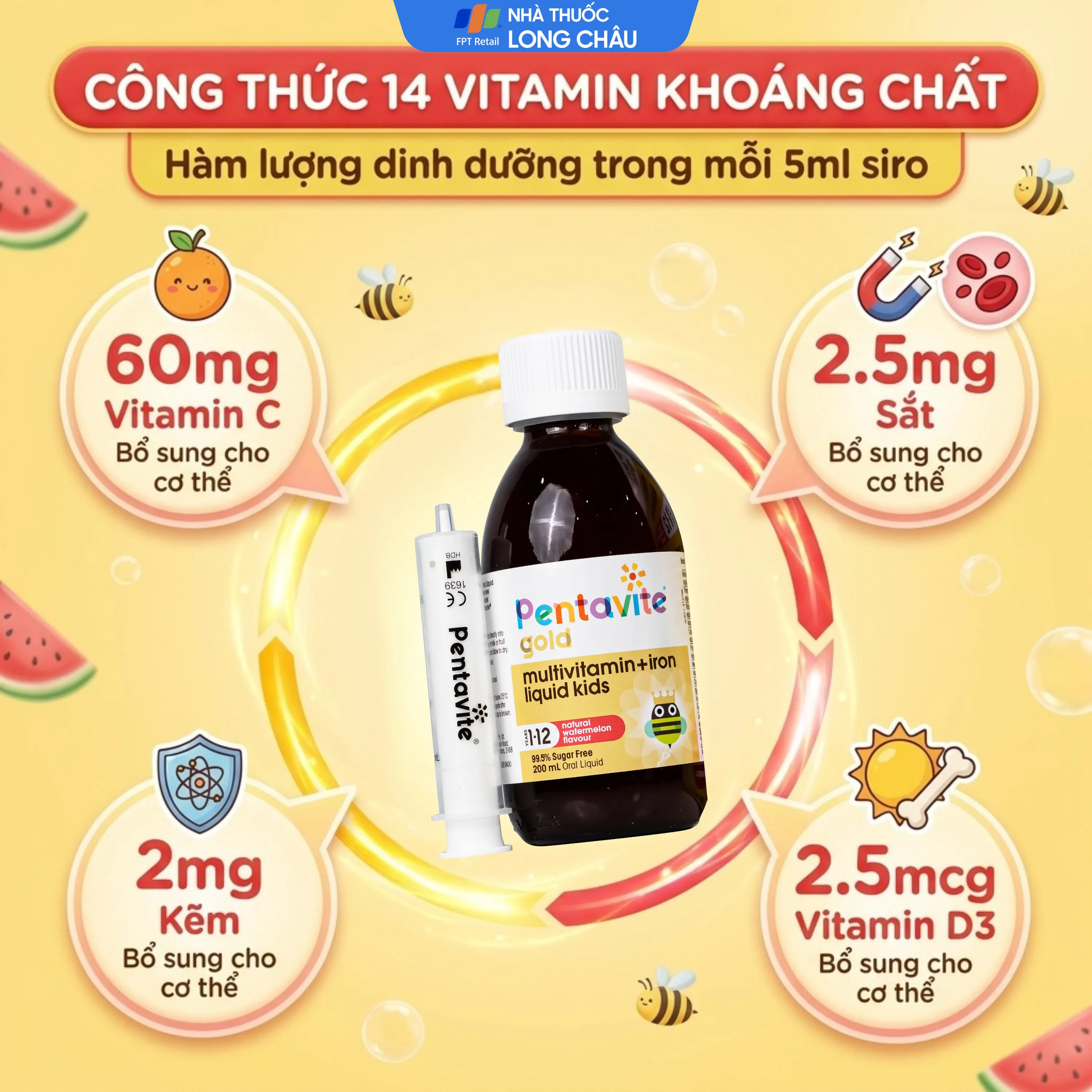 SIRO BỔ SUNG VITAMIN, KHOÁNG CHẤT CHO TRẺ TỪ 1-12 TUỔI MULTIVITAMIN + IRON LIQUIDS KIDS PENTAVITE 200ML 3