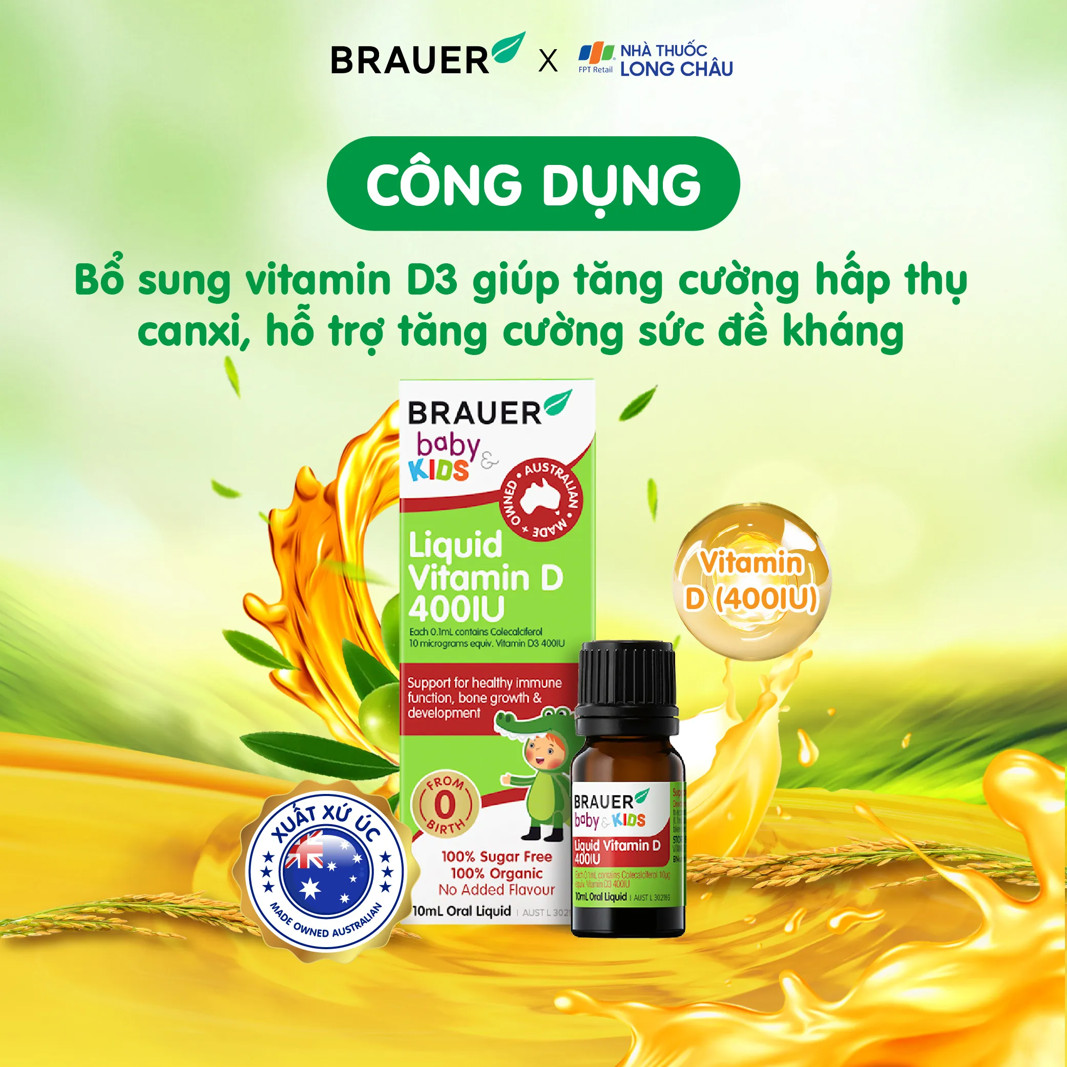 SIRO BỔ SUNG VITAMIN D3 BRAUER BABY & KIDS LIQUID VITAMIN D 400IU 10ML 2