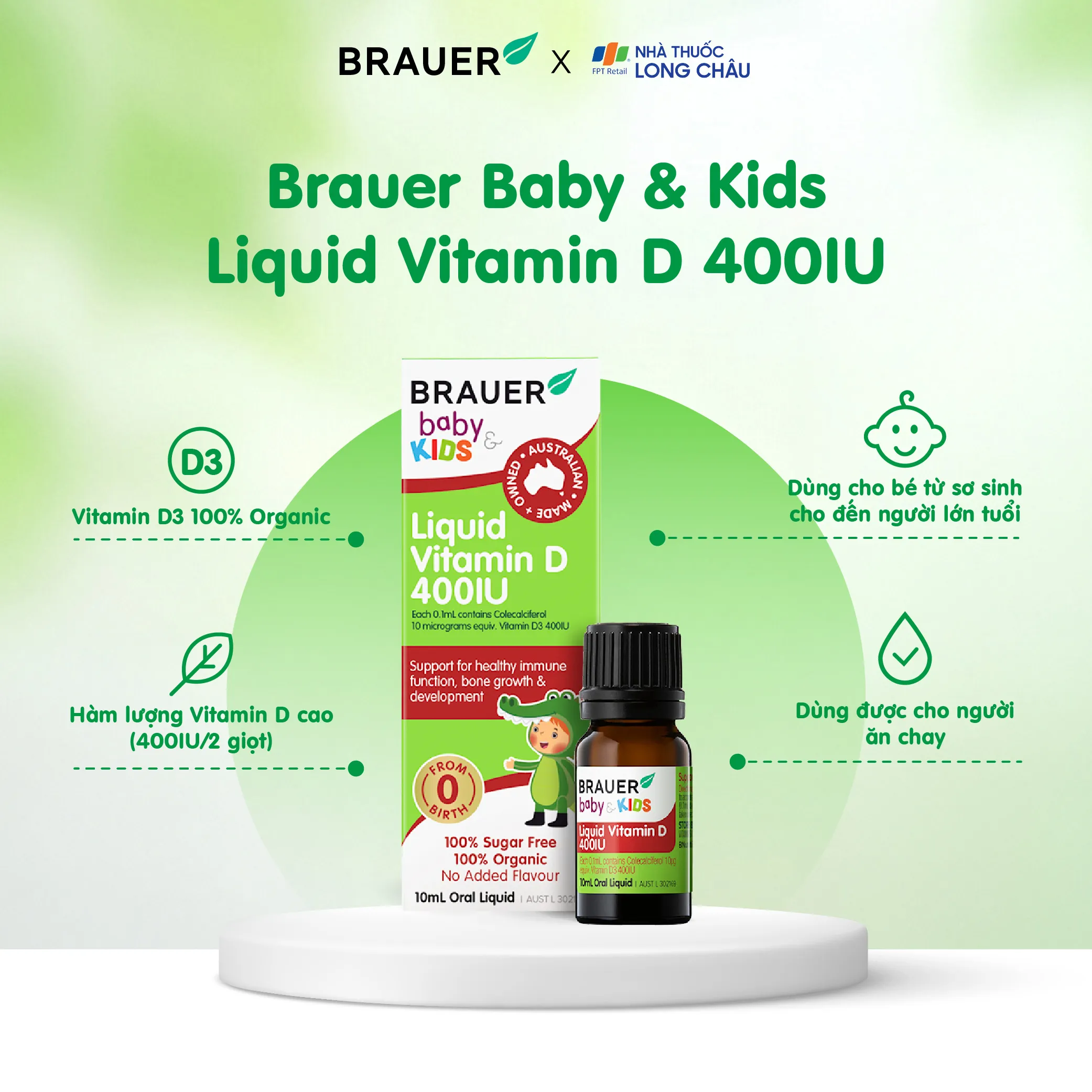 SIRO BỔ SUNG VITAMIN D3 BRAUER BABY & KIDS LIQUID VITAMIN D 400IU 10ML 3