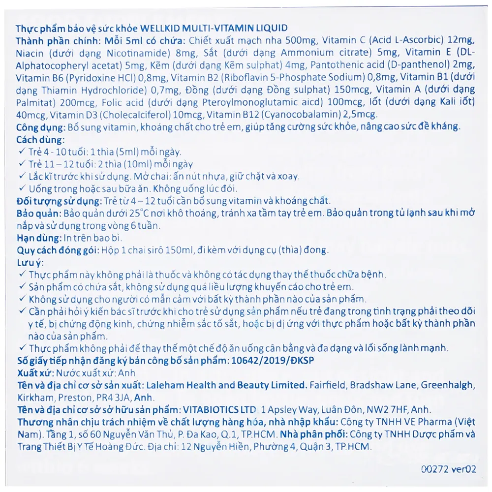 SIRO BỔ SUNG VITAMIN KHOÁNG CHẤT CHO TRẺ WELLKID MULTI-VITAMIN LIQUID VITABIOTICS 150ML 12