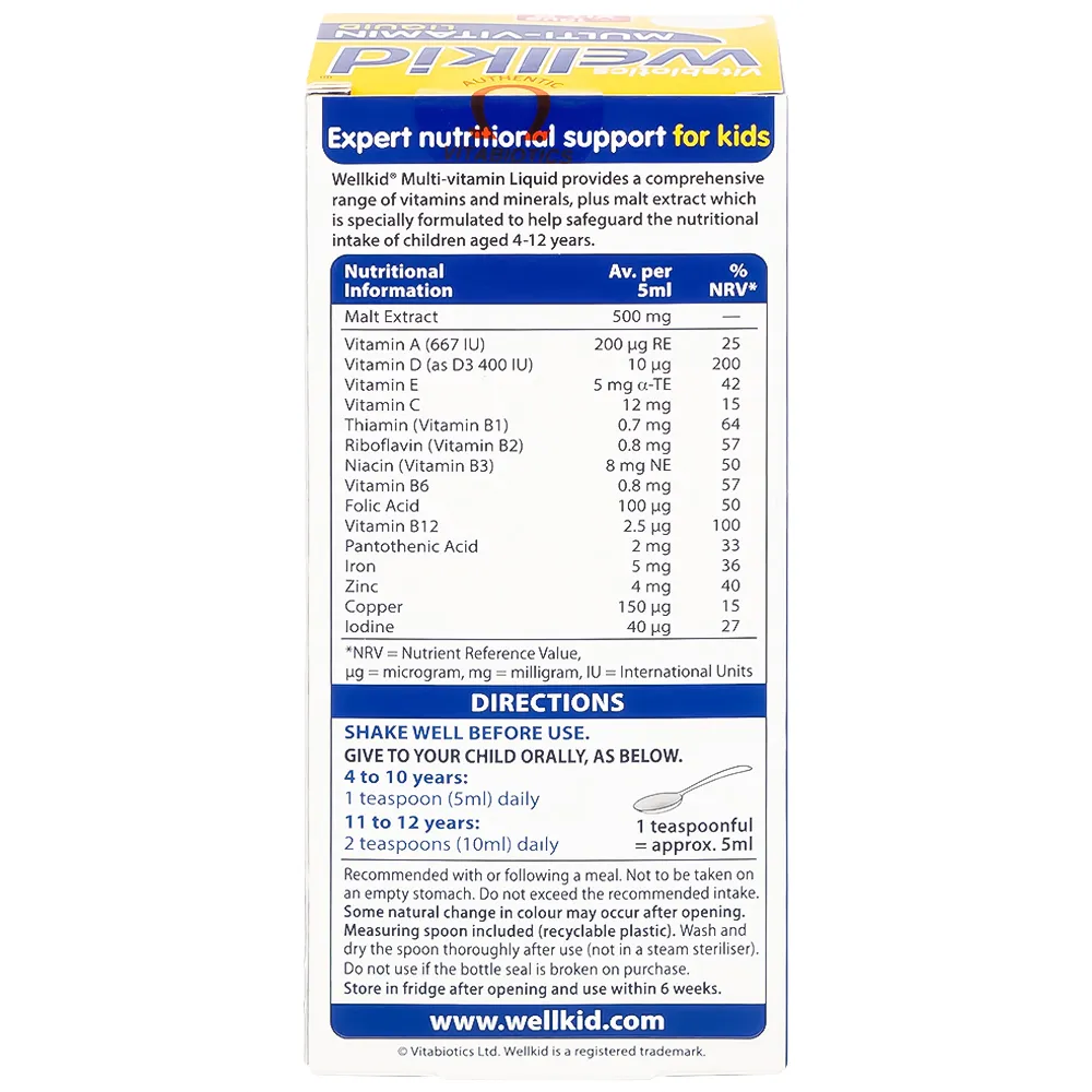SIRO BỔ SUNG VITAMIN KHOÁNG CHẤT CHO TRẺ WELLKID MULTI-VITAMIN LIQUID VITABIOTICS 150ML 8
