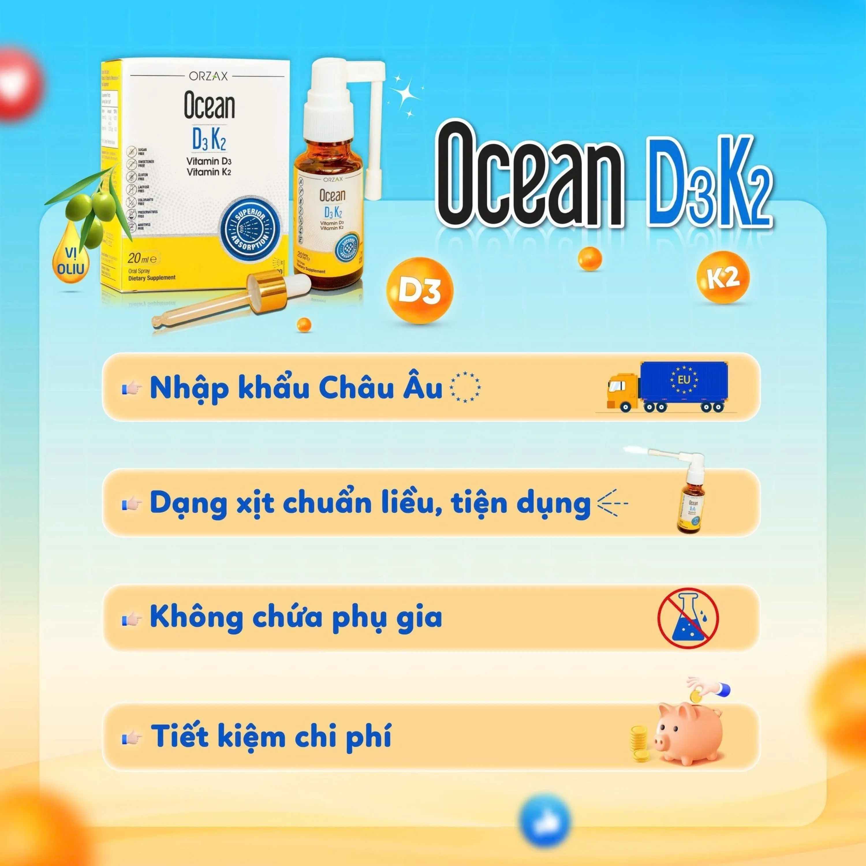 SIRO GIÚP TĂNG CƯỜNG HẤP THU CANXI OCEAN D3K2 ORZAX 20ML 5