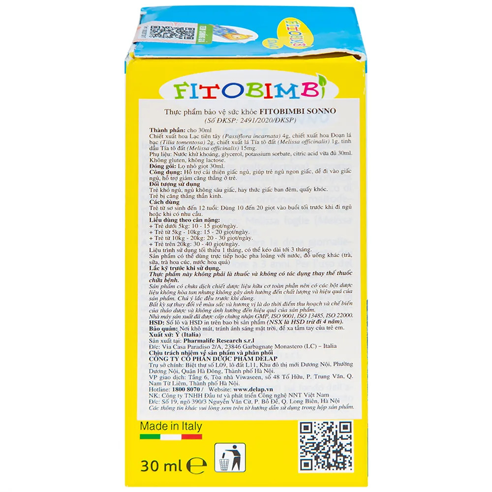 SIRO GIÚP TRẺ NGỦ NGON FITOBIMBI SONNO 30ML 9