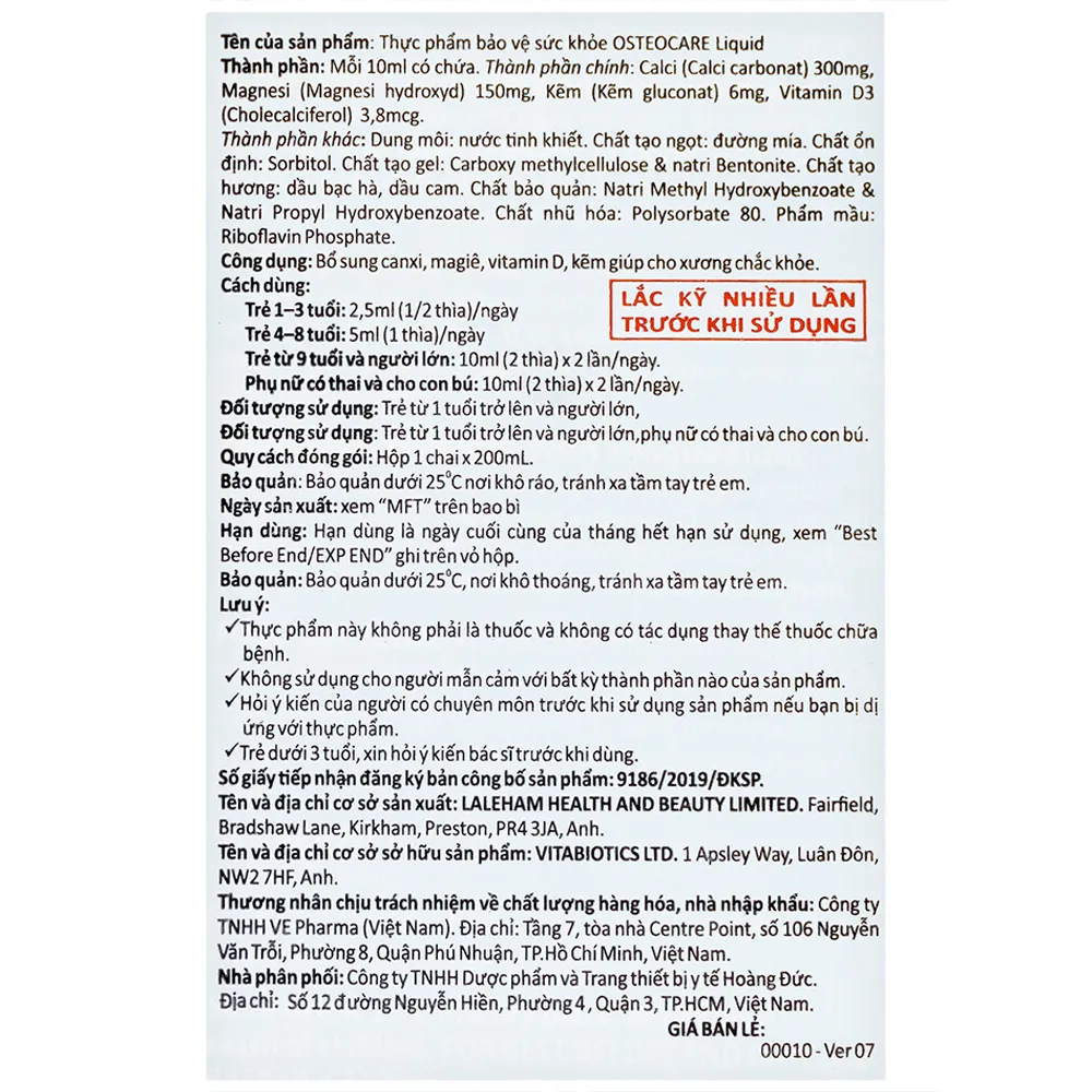 SIRO GIÚP XƯƠNG CHẮC XƯƠNG OSTEOCARE LIQUID VITABIOTICS 200ML 13