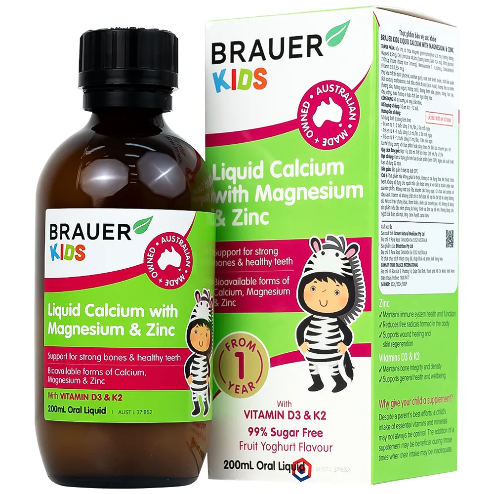 SIRO GIÚP XƯƠNG RĂNG CHẮC KHỎE BRAUER KIDS LIQUID CALCIUM WITH MAGNESIUM AND ZINC 200ML