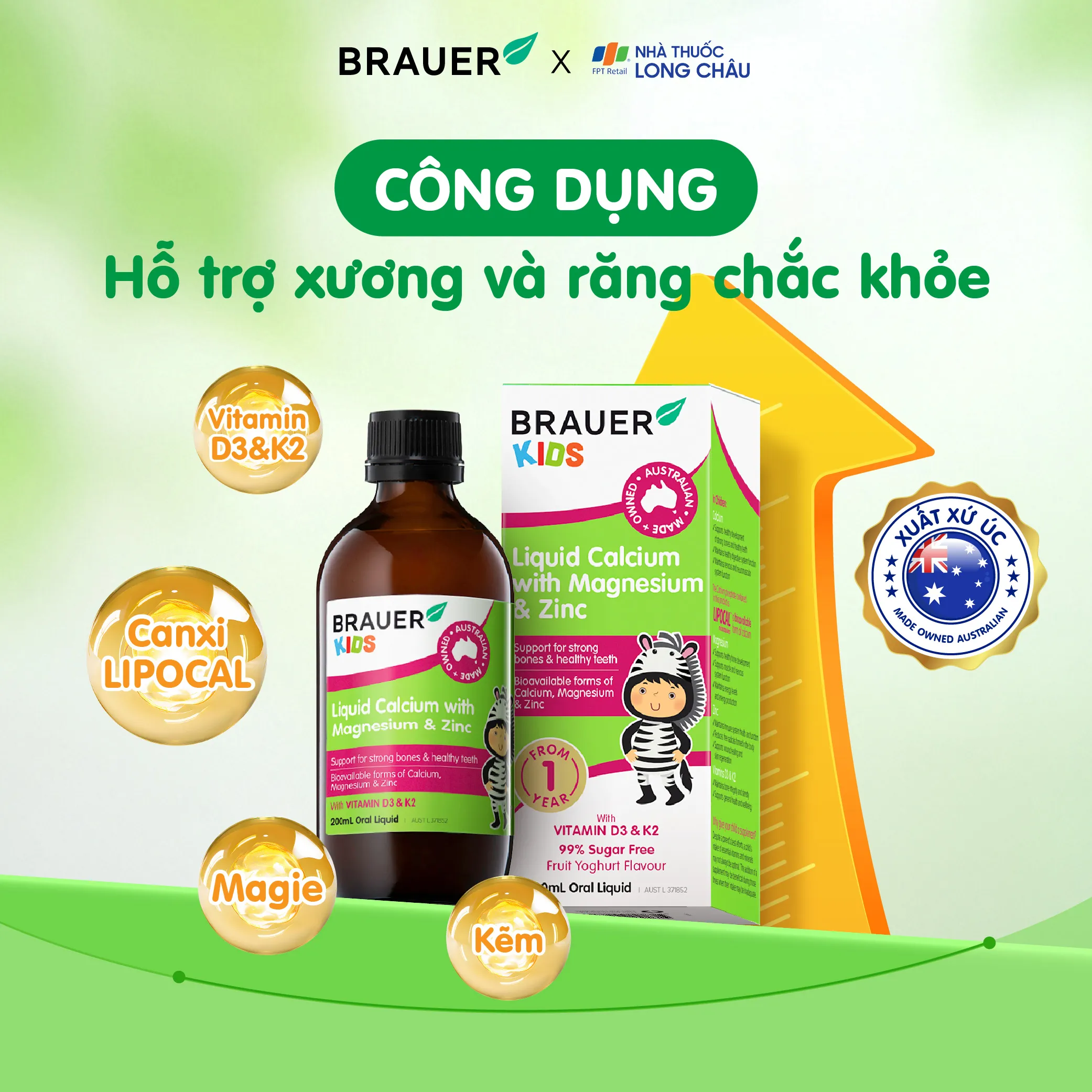 SIRO GIÚP XƯƠNG RĂNG CHẮC KHỎE BRAUER KIDS LIQUID CALCIUM WITH MAGNESIUM AND ZINC 200ML 2
