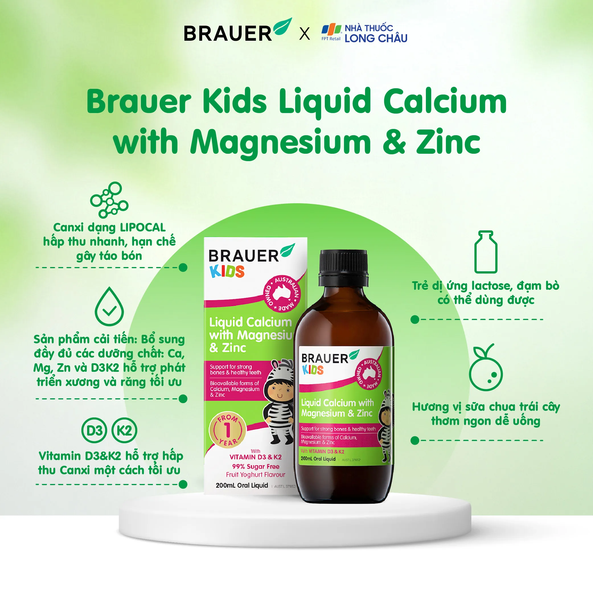 SIRO GIÚP XƯƠNG RĂNG CHẮC KHỎE BRAUER KIDS LIQUID CALCIUM WITH MAGNESIUM AND ZINC 200ML 3