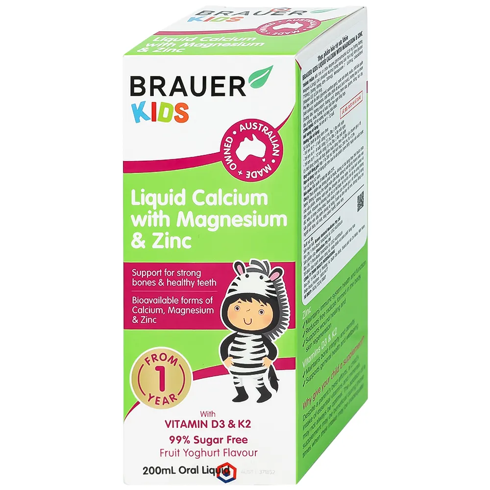 SIRO GIÚP XƯƠNG RĂNG CHẮC KHỎE BRAUER KIDS LIQUID CALCIUM WITH MAGNESIUM AND ZINC 200ML 12