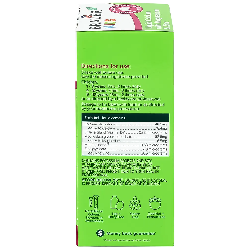SIRO GIÚP XƯƠNG RĂNG CHẮC KHỎE BRAUER KIDS LIQUID CALCIUM WITH MAGNESIUM AND ZINC 200ML 15