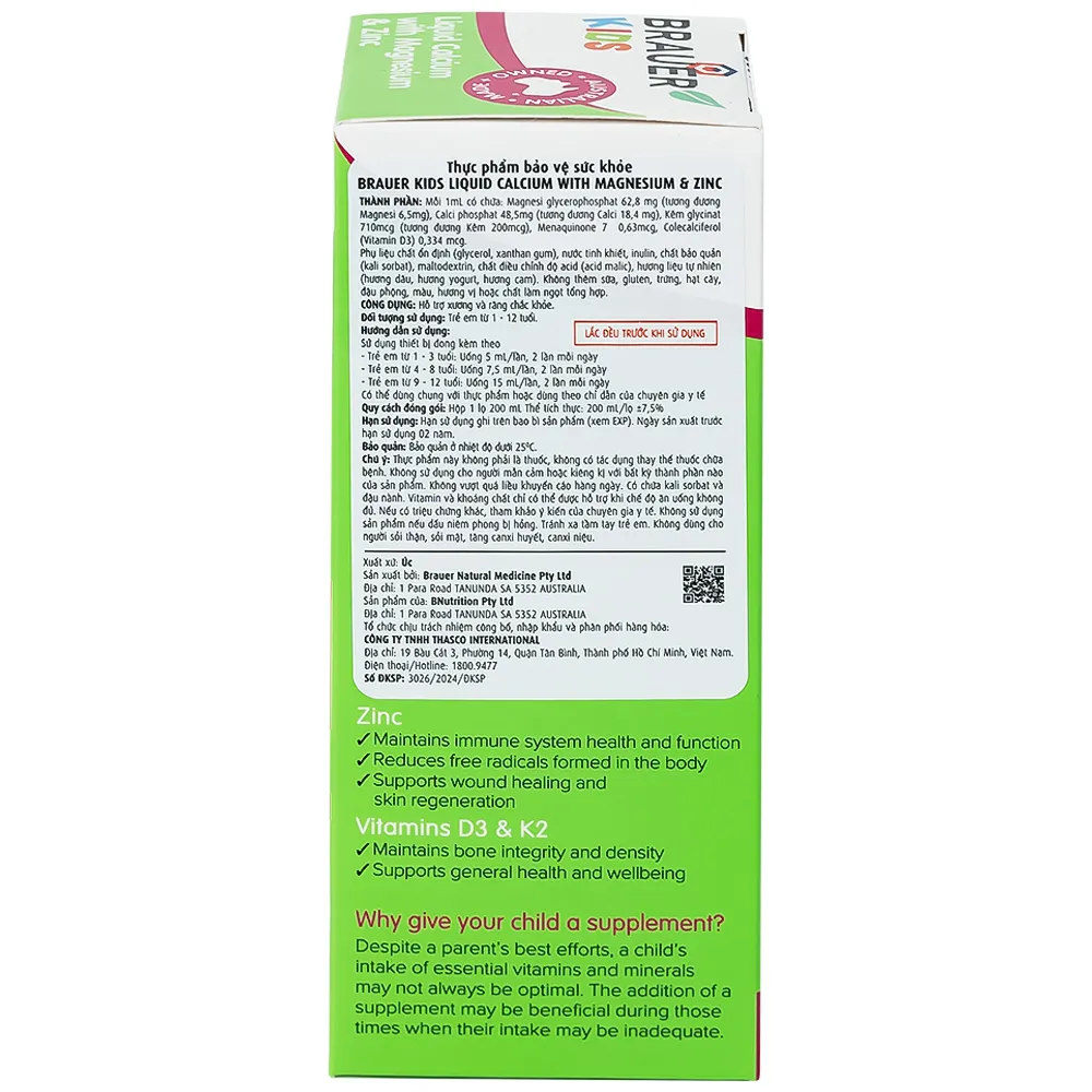 SIRO GIÚP XƯƠNG RĂNG CHẮC KHỎE BRAUER KIDS LIQUID CALCIUM WITH MAGNESIUM AND ZINC 200ML 16