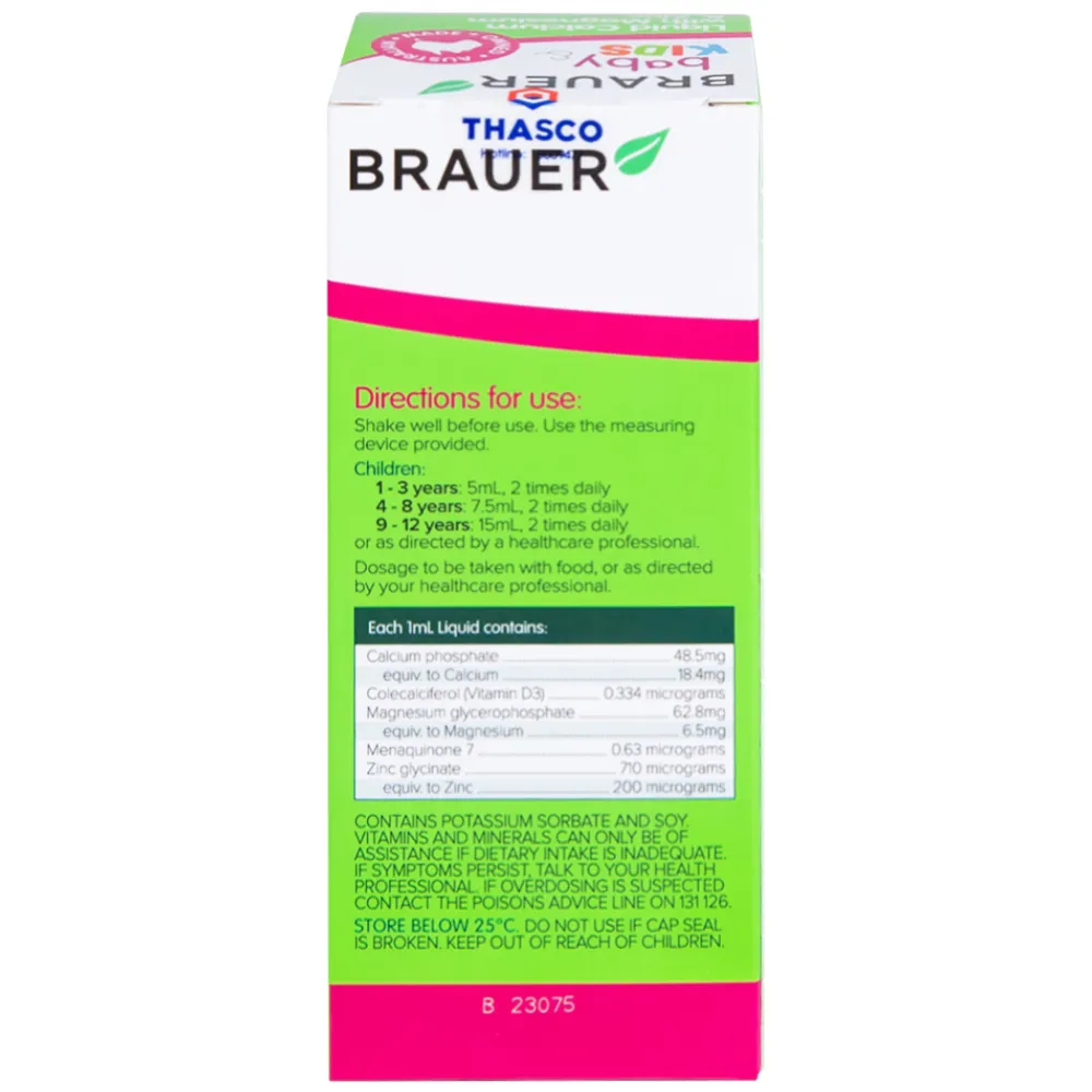 SIRO GIÚP XƯƠNG RĂNG CHẮC KHỎE BRAUER KIDS LIQUID CALCIUM WITH MAGNESIUM AND ZINC 200ML 18