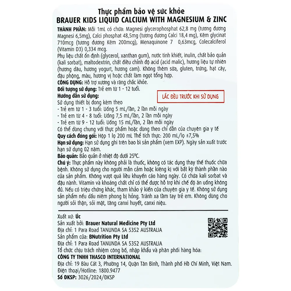 SIRO GIÚP XƯƠNG RĂNG CHẮC KHỎE BRAUER KIDS LIQUID CALCIUM WITH MAGNESIUM AND ZINC 200ML 26