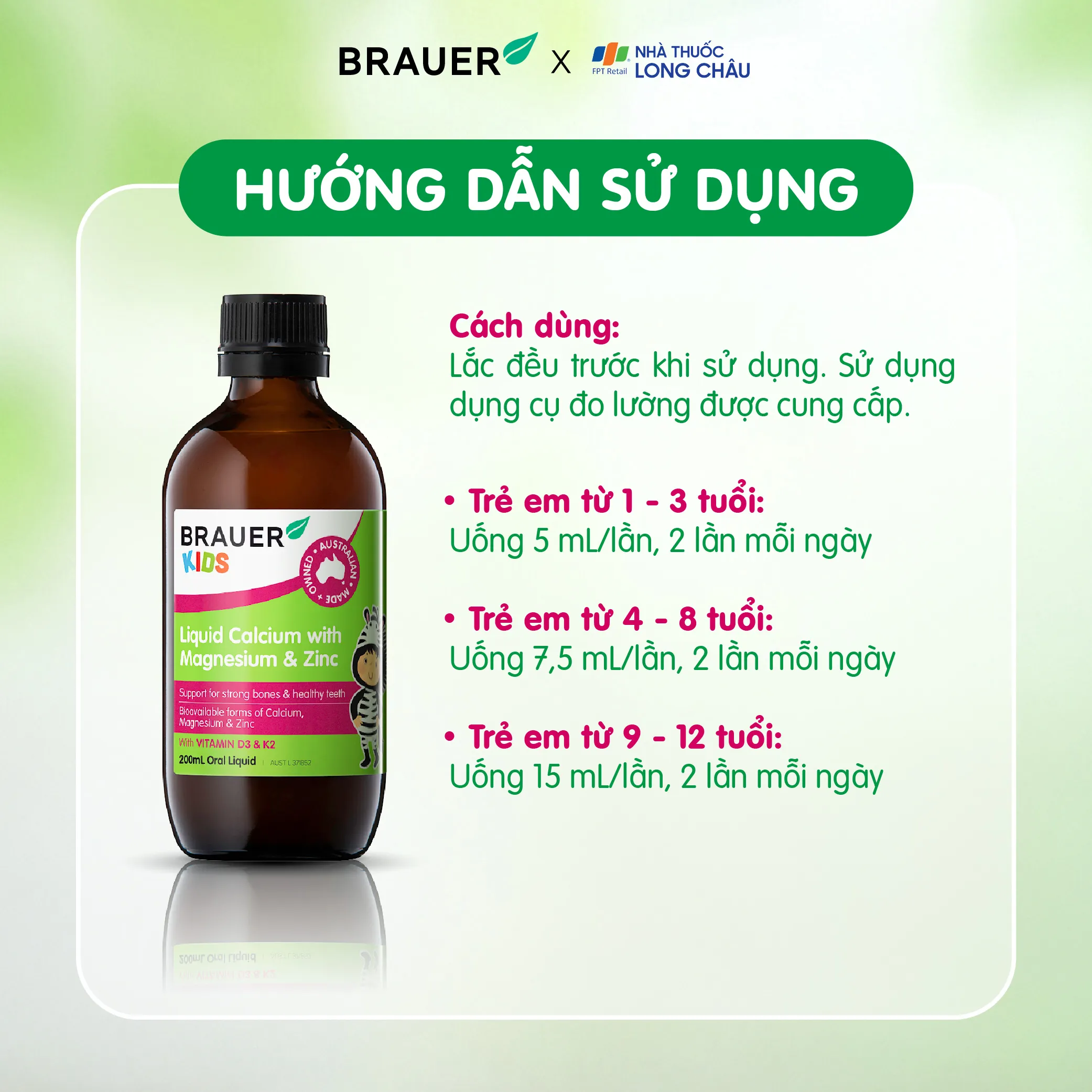 SIRO GIÚP XƯƠNG RĂNG CHẮC KHỎE BRAUER KIDS LIQUID CALCIUM WITH MAGNESIUM AND ZINC 200ML 5