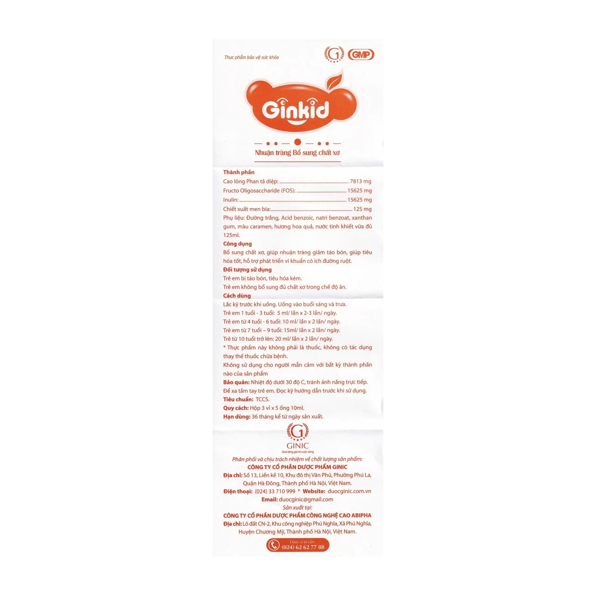 Siro Ginkid Ginic - Nhuận tràng, bổ sung chất xơ giảm táo bón (3 vỉ x 5 ống x 10ml) 6