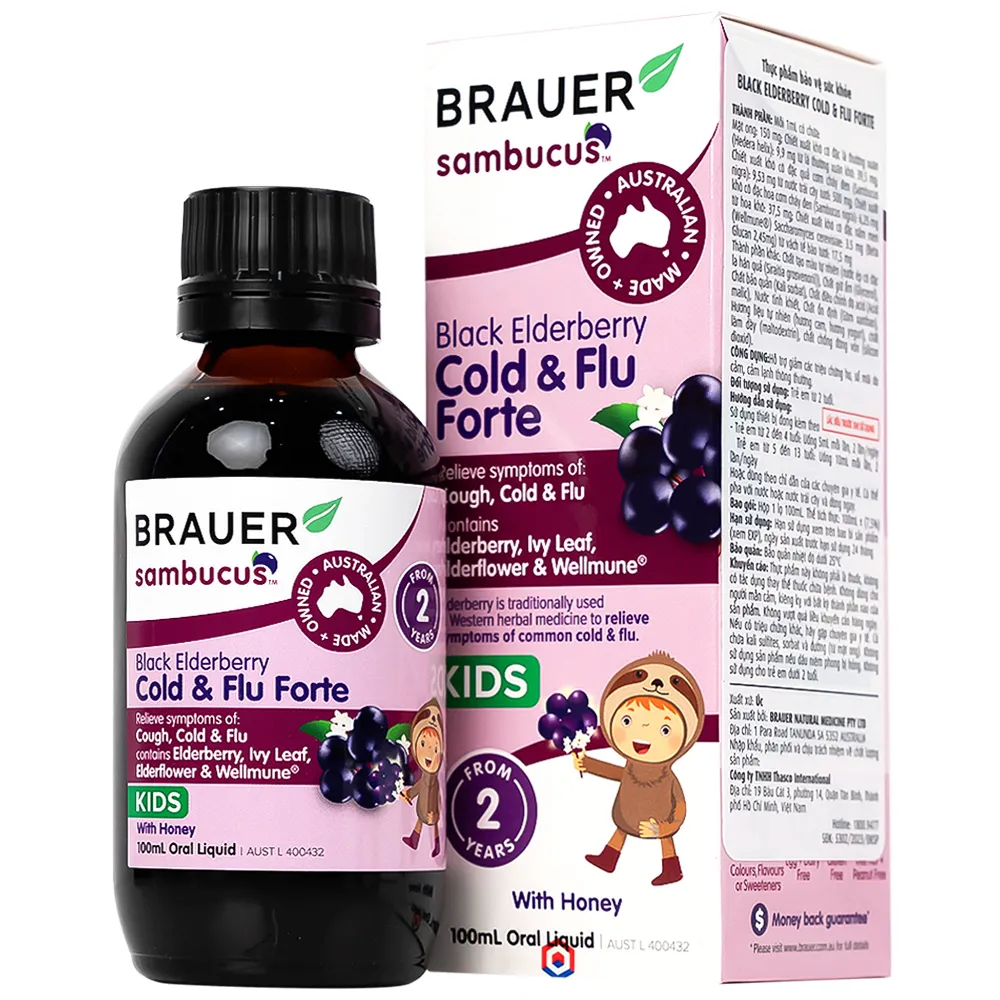 SIRO HỖ TRỢ GIẢM TRIỆU CHỨNG HO SỔ MŨI BLACK ELDERBERRY COLD & FLU FORTE BRAUER 100ML