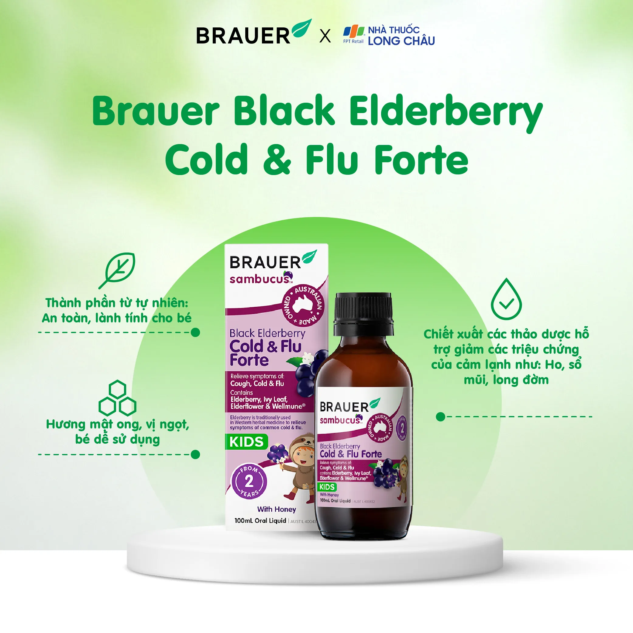 SIRO HỖ TRỢ GIẢM TRIỆU CHỨNG HO SỔ MŨI BLACK ELDERBERRY COLD & FLU FORTE BRAUER 100ML 3