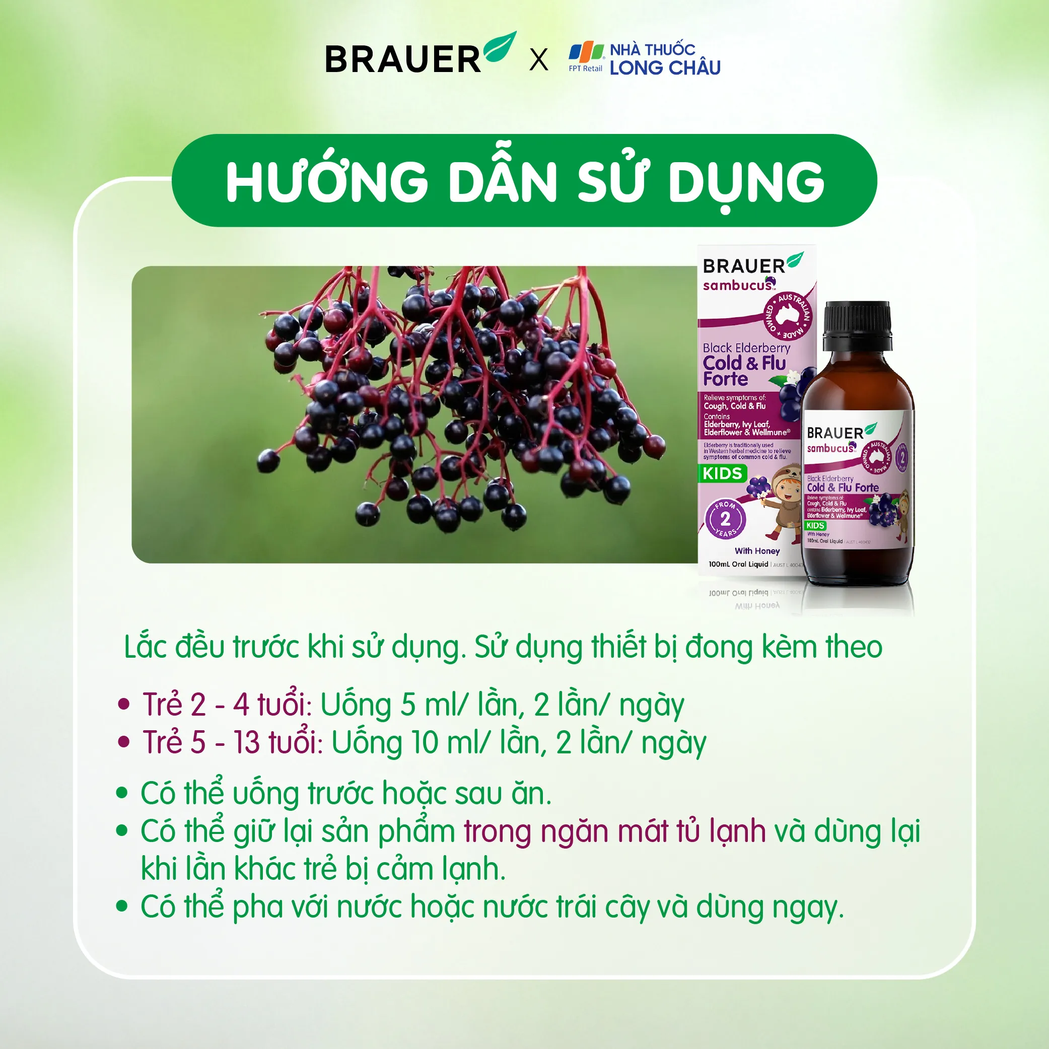 SIRO HỖ TRỢ GIẢM TRIỆU CHỨNG HO SỔ MŨI BLACK ELDERBERRY COLD & FLU FORTE BRAUER 100ML 5