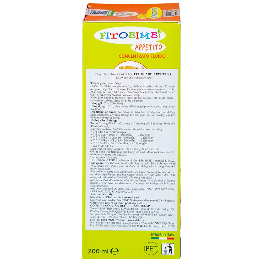 SIRO HỖ TRỢ GIÚP TRẺ ĂN NGON FITOBIMBI APPETITO 200ML 8