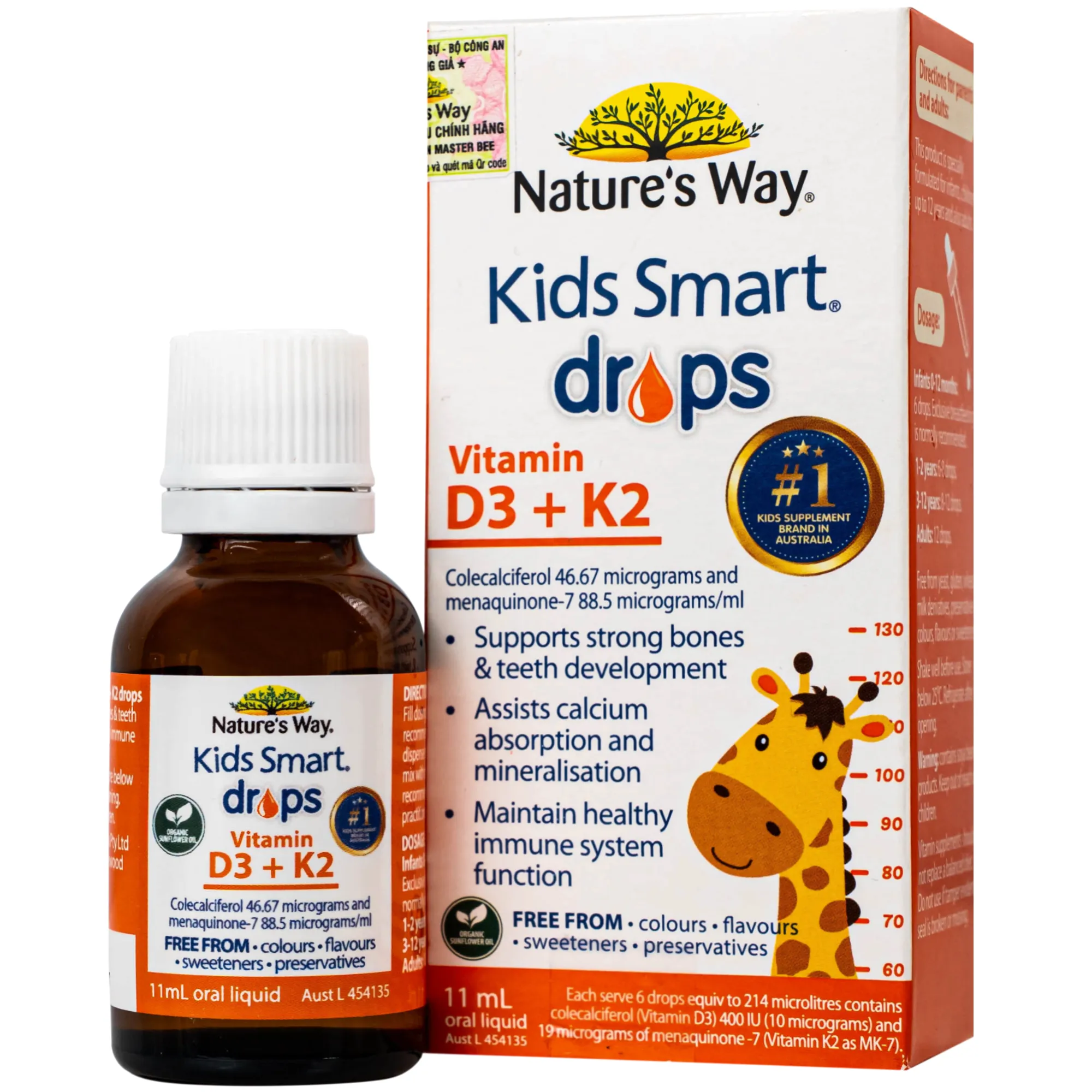 SIRO HỖ TRỢ HẤP THU CANXI, GIÚP XƯƠNG RĂNG CHẮC KHỎE NATURE'S WAY KIDS SMART DROPS VITAMIN D3+K2 11ML
