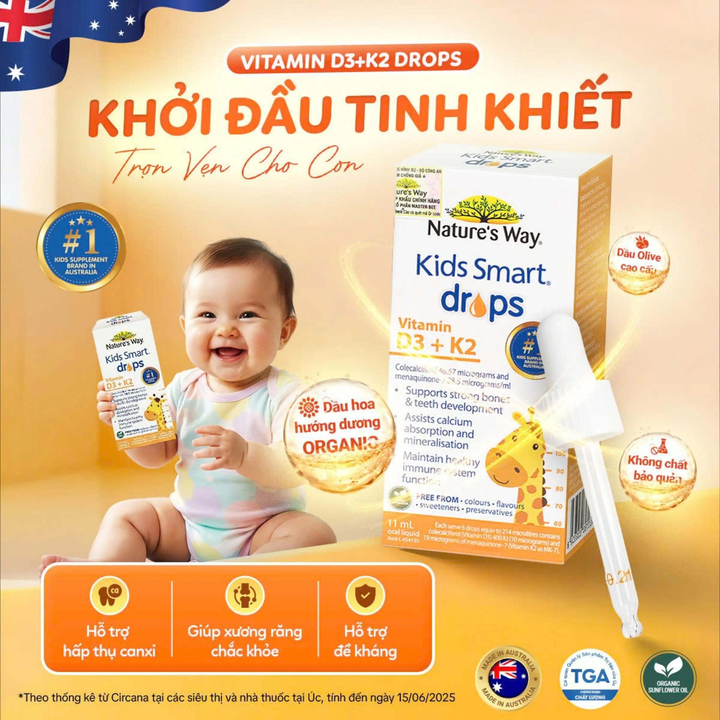 SIRO HỖ TRỢ HẤP THU CANXI, GIÚP XƯƠNG RĂNG CHẮC KHỎE NATURE'S WAY KIDS SMART DROPS VITAMIN D3+K2 11ML 2