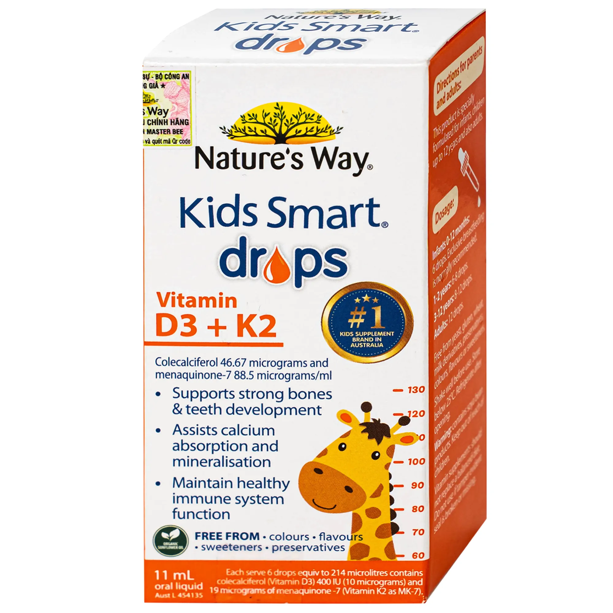 SIRO HỖ TRỢ HẤP THU CANXI, GIÚP XƯƠNG RĂNG CHẮC KHỎE NATURE'S WAY KIDS SMART DROPS VITAMIN D3+K2 11ML 12