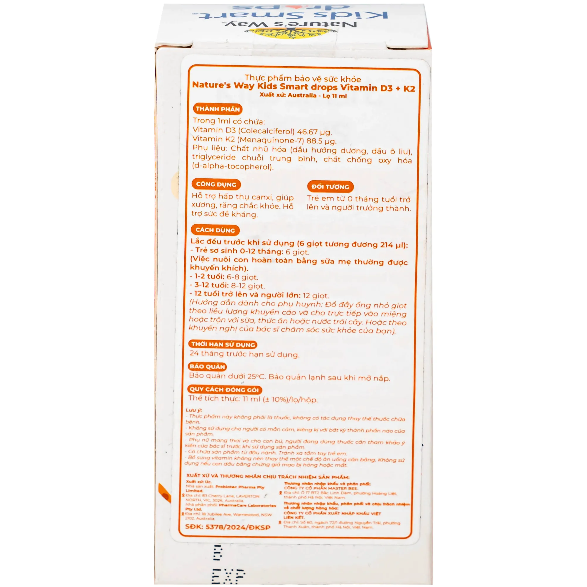 SIRO HỖ TRỢ HẤP THU CANXI, GIÚP XƯƠNG RĂNG CHẮC KHỎE NATURE'S WAY KIDS SMART DROPS VITAMIN D3+K2 11ML 13