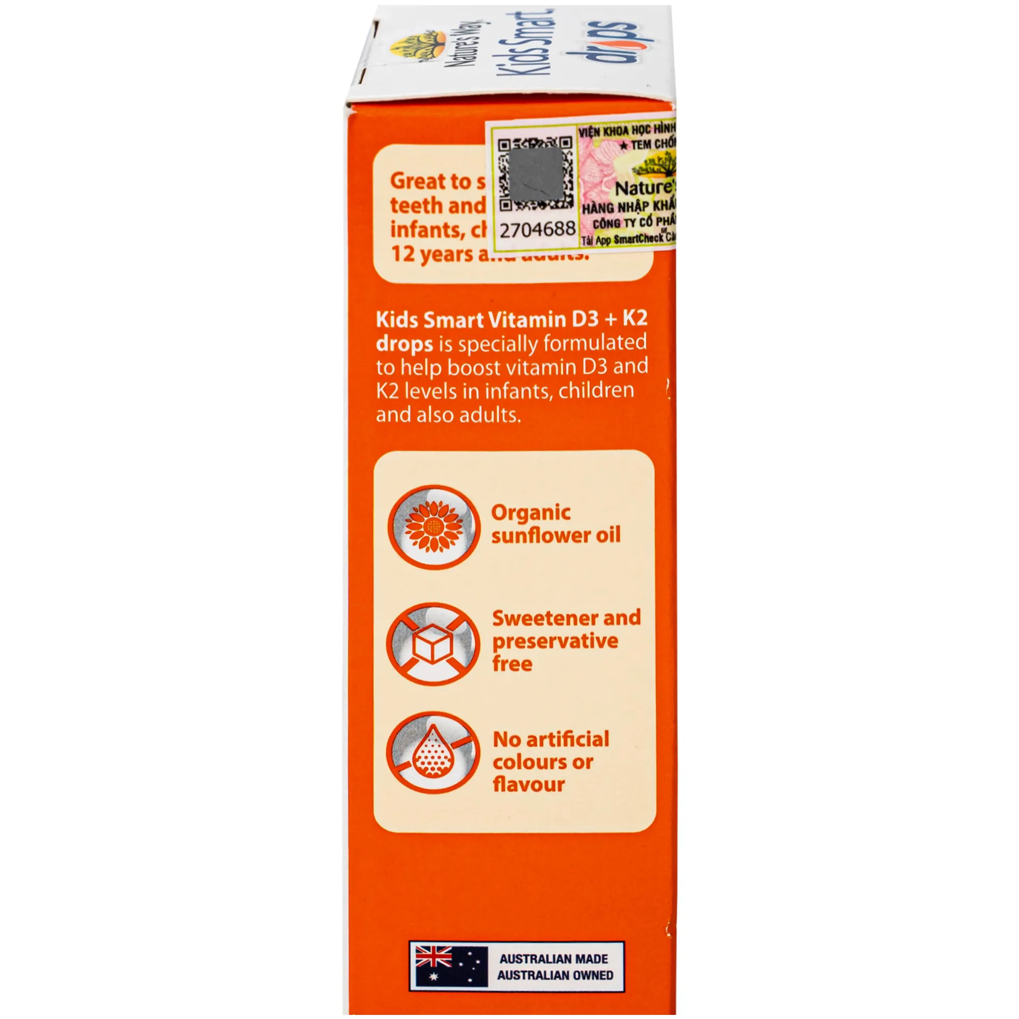 SIRO HỖ TRỢ HẤP THU CANXI, GIÚP XƯƠNG RĂNG CHẮC KHỎE NATURE'S WAY KIDS SMART DROPS VITAMIN D3+K2 11ML 14