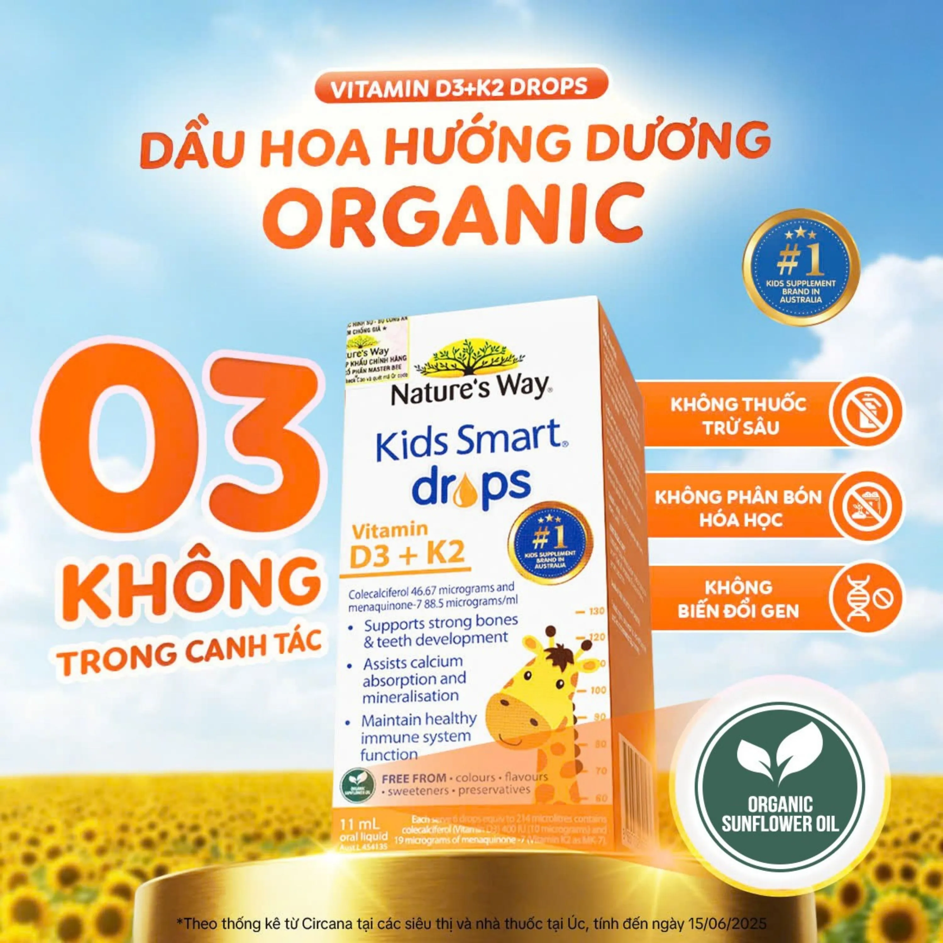 SIRO HỖ TRỢ HẤP THU CANXI, GIÚP XƯƠNG RĂNG CHẮC KHỎE NATURE'S WAY KIDS SMART DROPS VITAMIN D3+K2 11ML 3