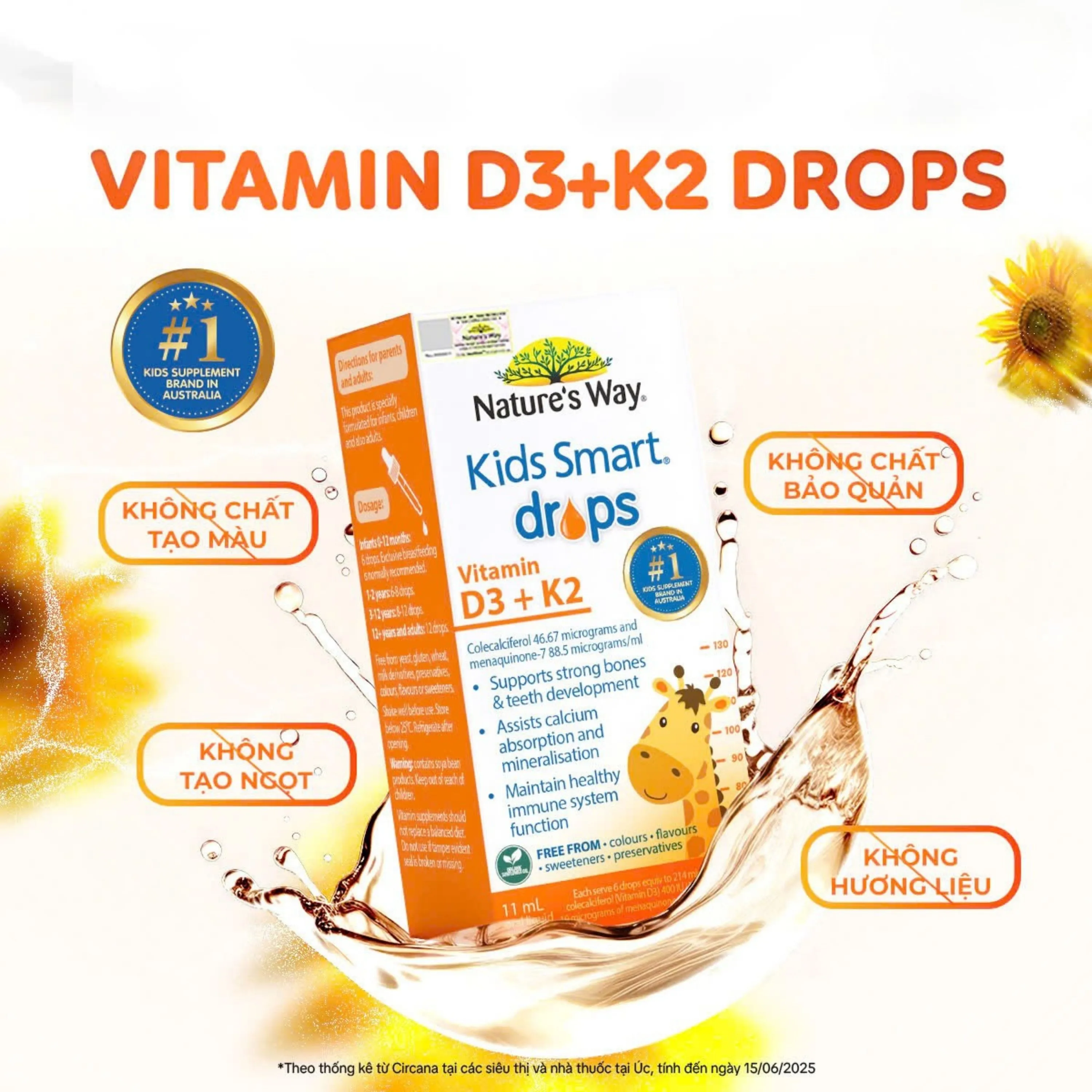 SIRO HỖ TRỢ HẤP THU CANXI, GIÚP XƯƠNG RĂNG CHẮC KHỎE NATURE'S WAY KIDS SMART DROPS VITAMIN D3+K2 11ML 4
