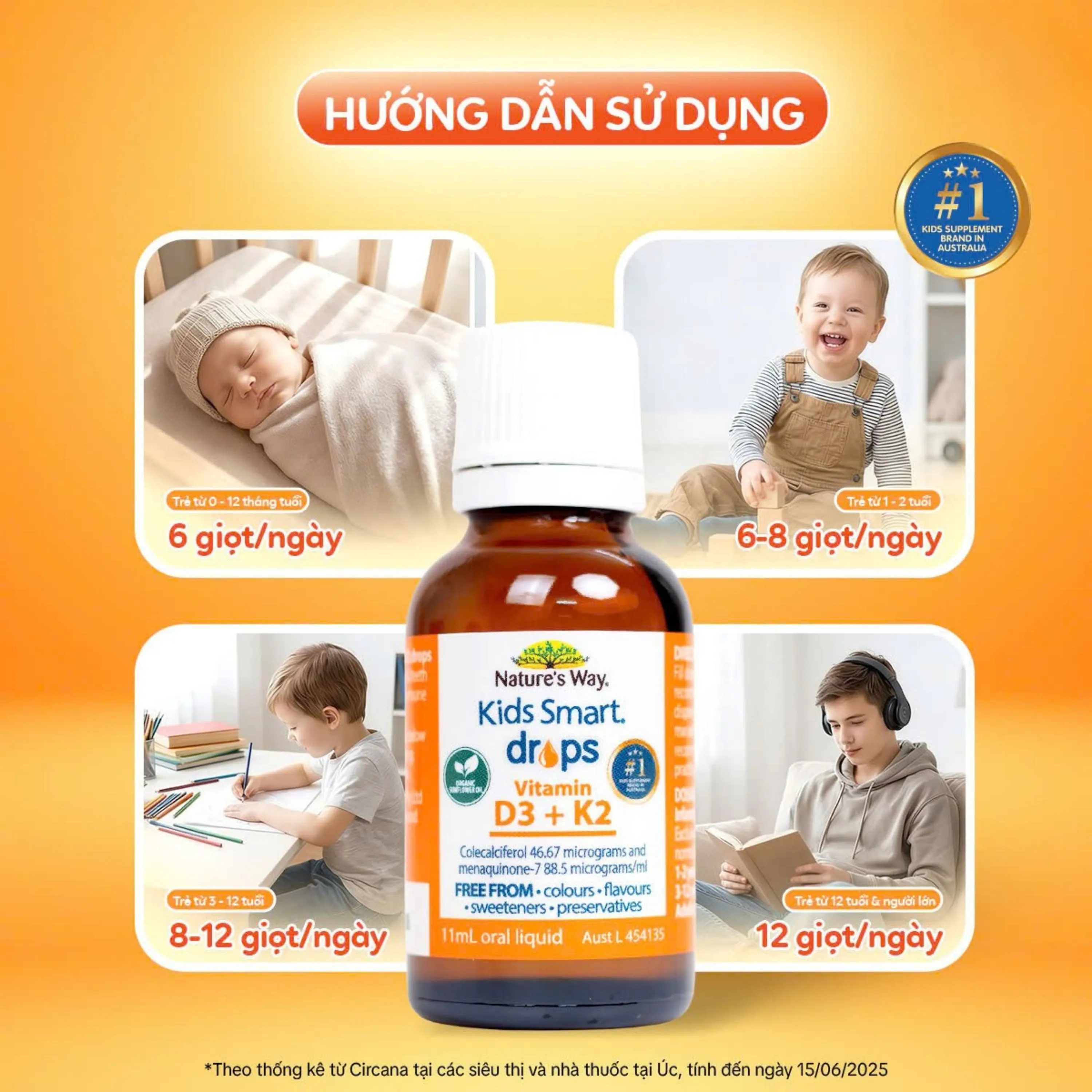 SIRO HỖ TRỢ HẤP THU CANXI, GIÚP XƯƠNG RĂNG CHẮC KHỎE NATURE'S WAY KIDS SMART DROPS VITAMIN D3+K2 11ML 8