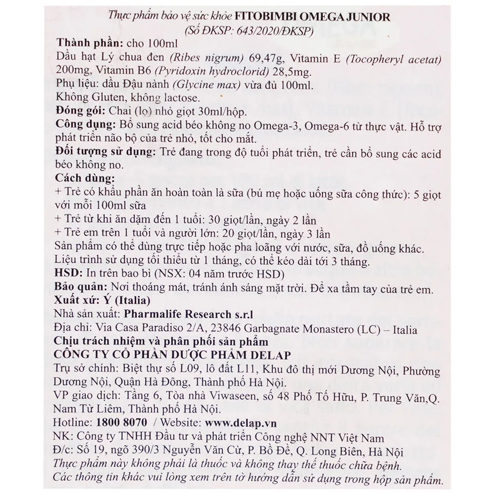 SIRO HỖ TRỢ PHÁT TRIỂN NÃO CHO TRẺ FITOBIMBI OMEGA JUNIOR 30ML 6