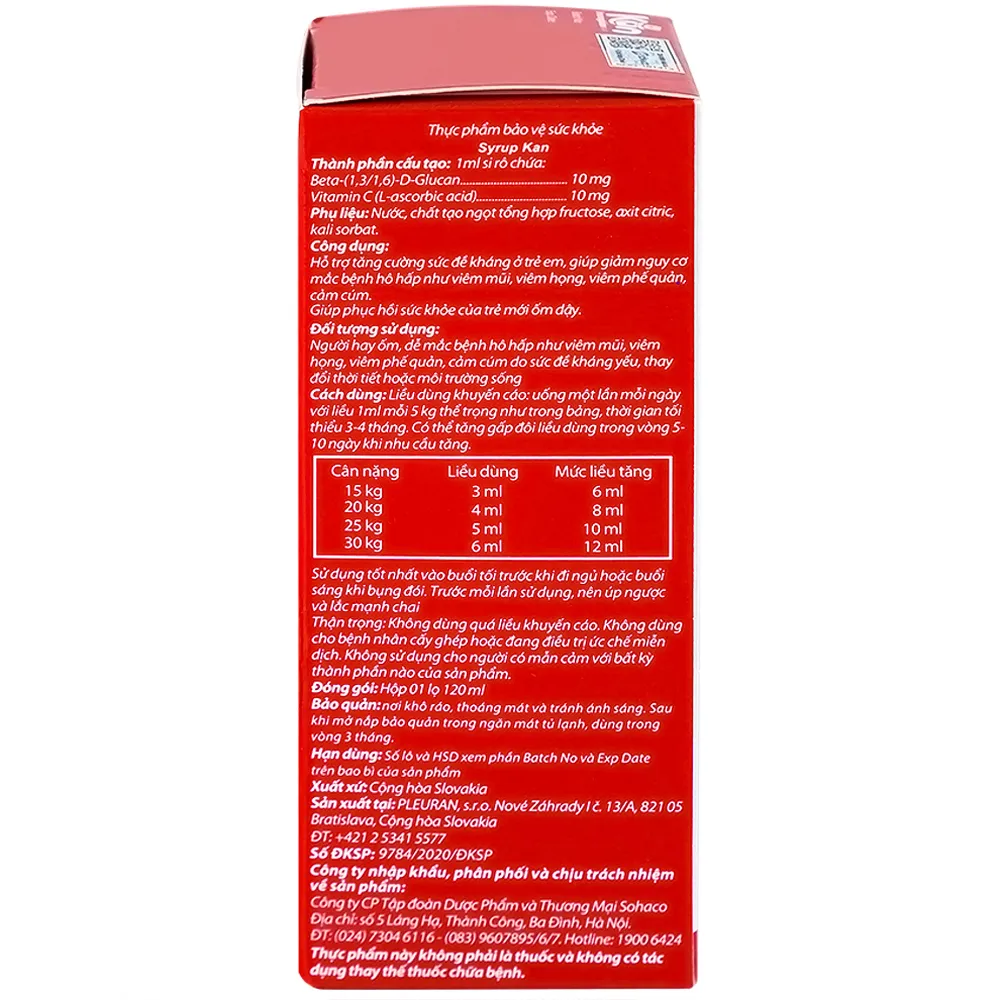 SIRO HỖ TRỢ TĂNG CƯỜNG SỨC ĐỀ KHÁNG Ở TRẺ SYRUP KAN 120ML 8