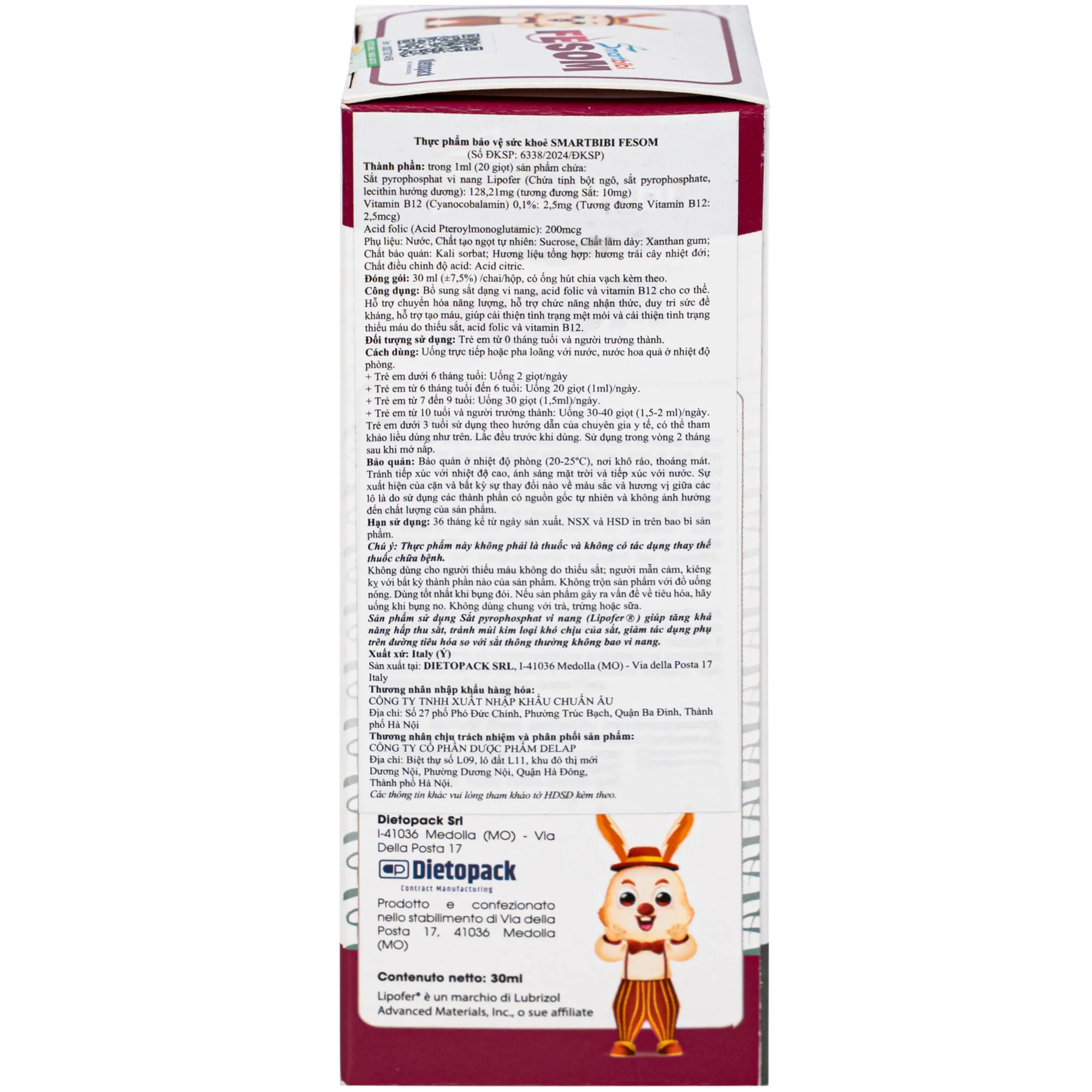 SIRO HỖ TRỢ TẠO MÁU SMARTBIBI FESOM DIETOPACK 30ML 3