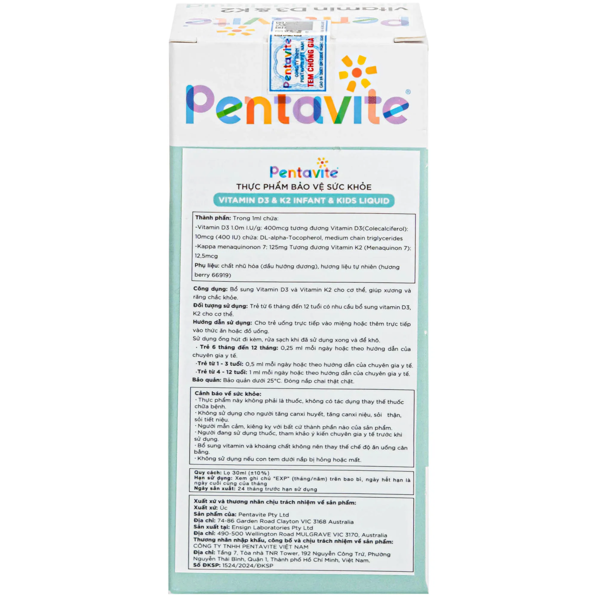 SIRO HỖ TRỢ XƯƠNG VÀ RĂNG CHẮC KHOẺ PENTAVITE VITAMIN D3 & K2 INFANT & KID LIQUID 30ML 3