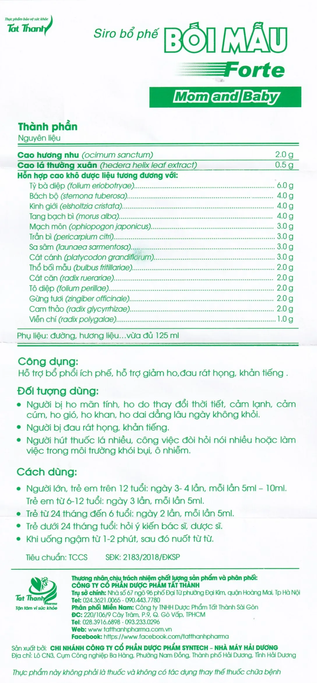 SIRO HO, BỔ PHẾ BỐI MẪU FORTE MOM AND BABY TẤT THÀNH 125ML 6