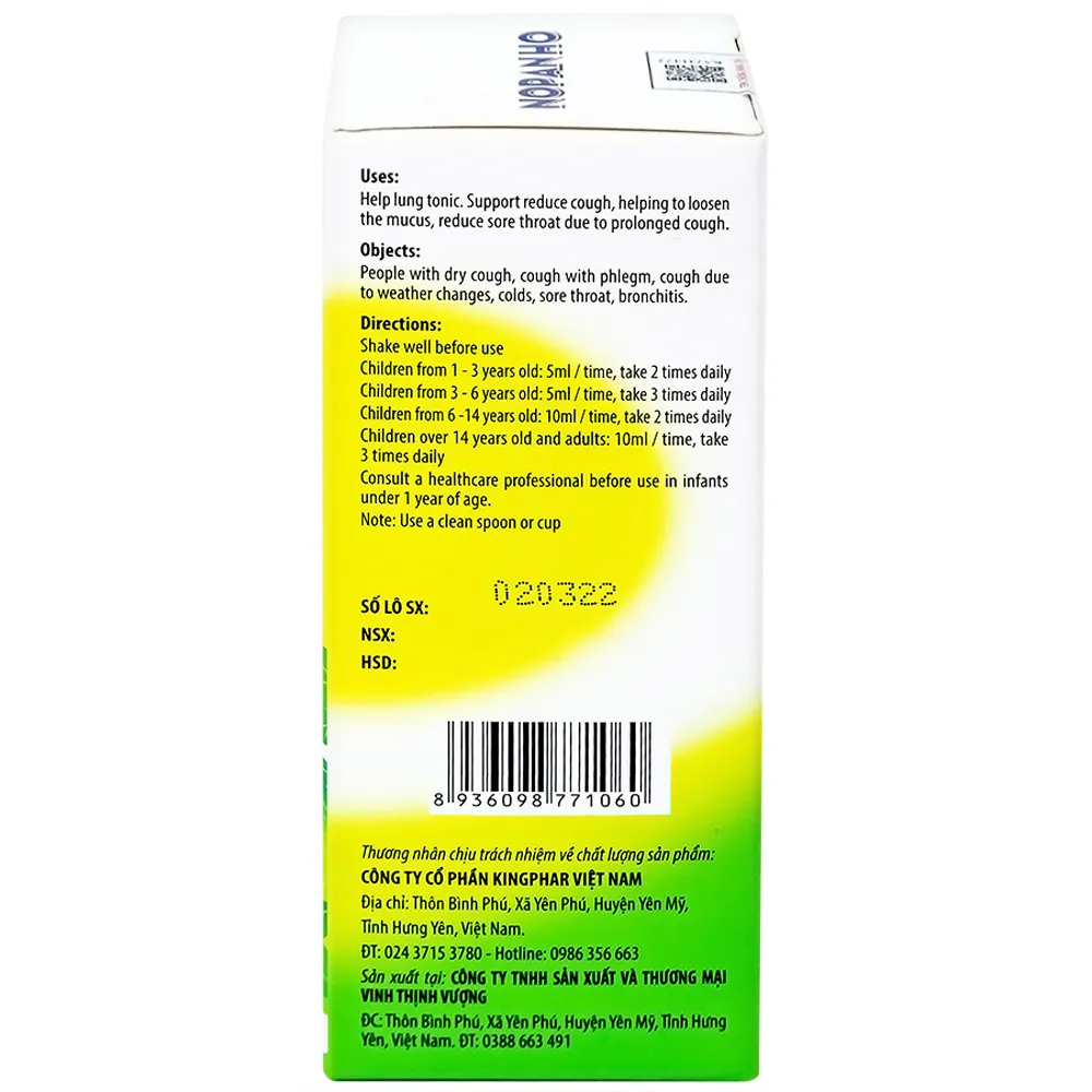 SIRO HO, BỔ PHẾ NOPANHO KINGPHAR 125ML 9