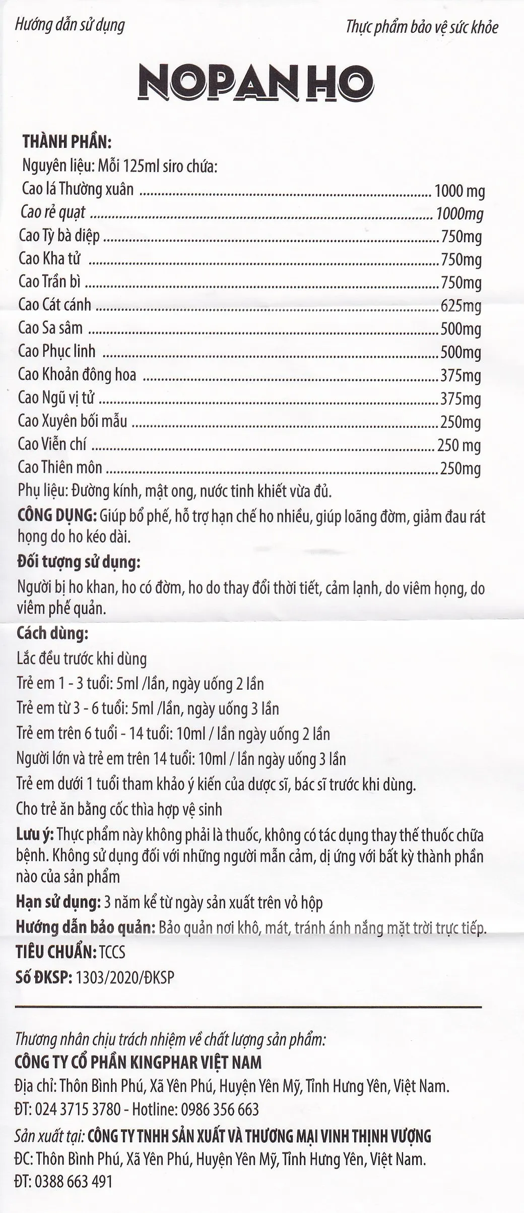 SIRO HO, BỔ PHẾ NOPANHO KINGPHAR 125ML 11