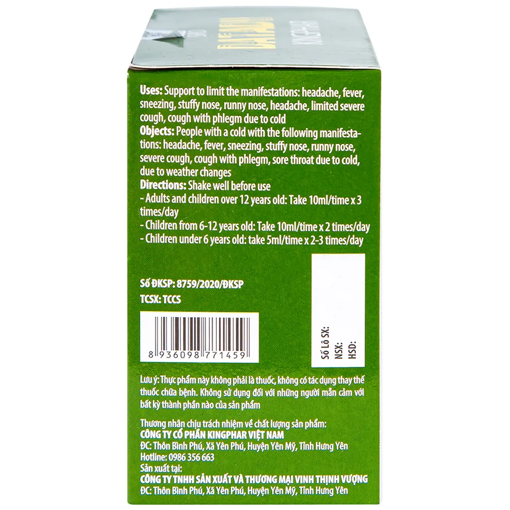 SIRO HO, HỖ TRỢ HẠN CHẾ ĐAU ĐẦU, SỐT DATADU KINGPHAR 4X5 ỐNG 10ML 6