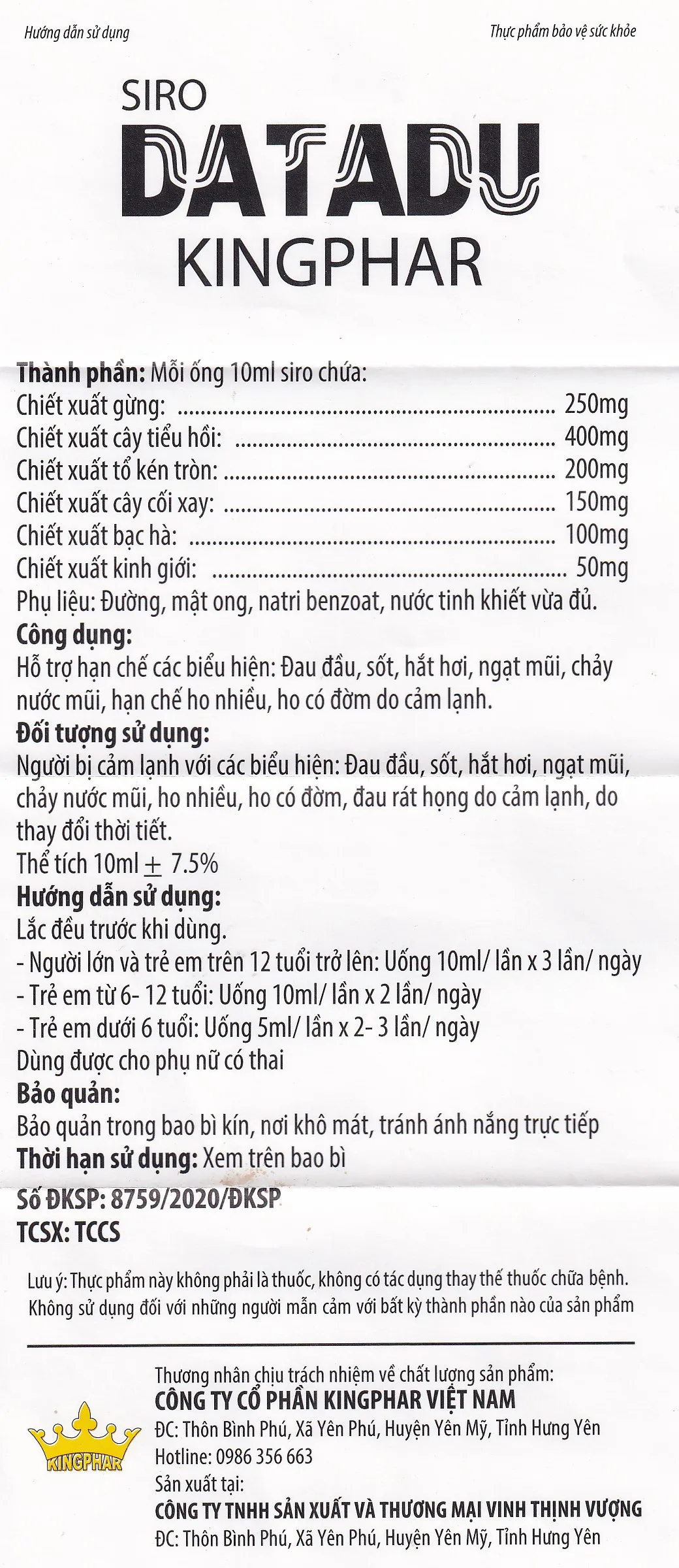 SIRO HO, HỖ TRỢ HẠN CHẾ ĐAU ĐẦU, SỐT DATADU KINGPHAR 4X5 ỐNG 10ML 8