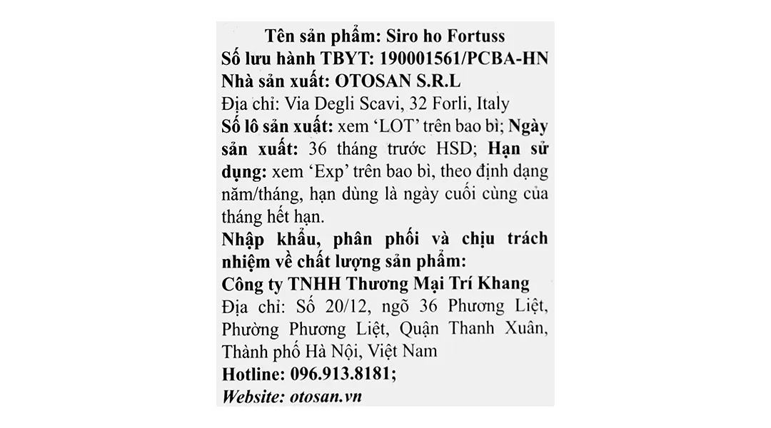 Siro ho Otosan ForTuss làm dịu cổ họng, giảm các triệu chứng ho chai 180g 18