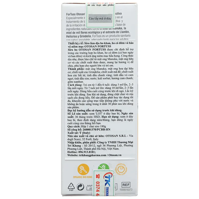 Siro ho Otosan ForTuss làm dịu cổ họng, giảm các triệu chứng ho chai 180g 5