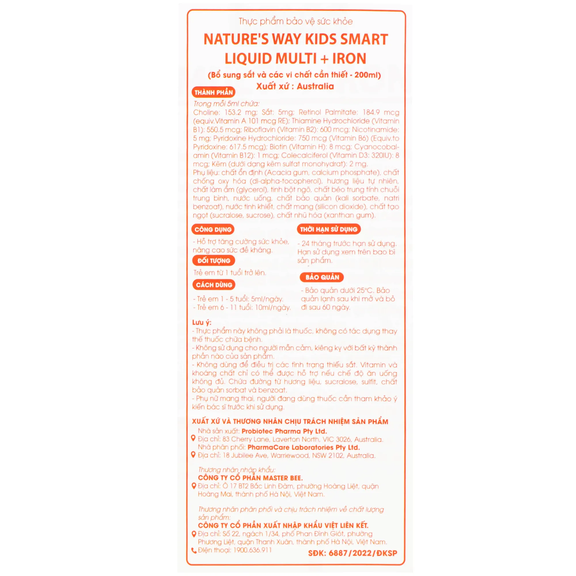 SIRO TĂNG SỨC ĐỀ KHÁNG KIDS SMART LIQUID MULTI + IRON NATURE'S WAY 200ML 10
