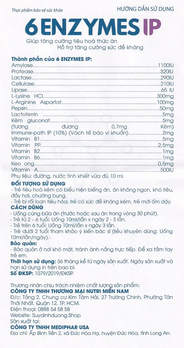 Thực phẩm bảo vệ sức khỏe 6 Enzymes IP (20 ống x 10ml) 6