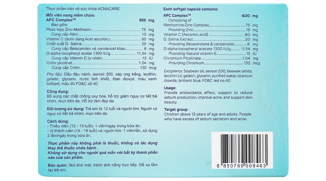 Thực phẩm bảo vệ sức khỏe Acnacare (30 viên) 3